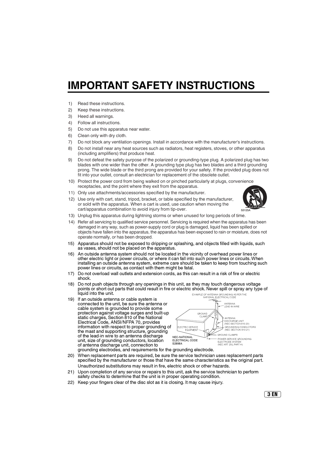 Sansui SLEDVD249 owner manual Important Safety Instructions, Information with respect to proper grounding 