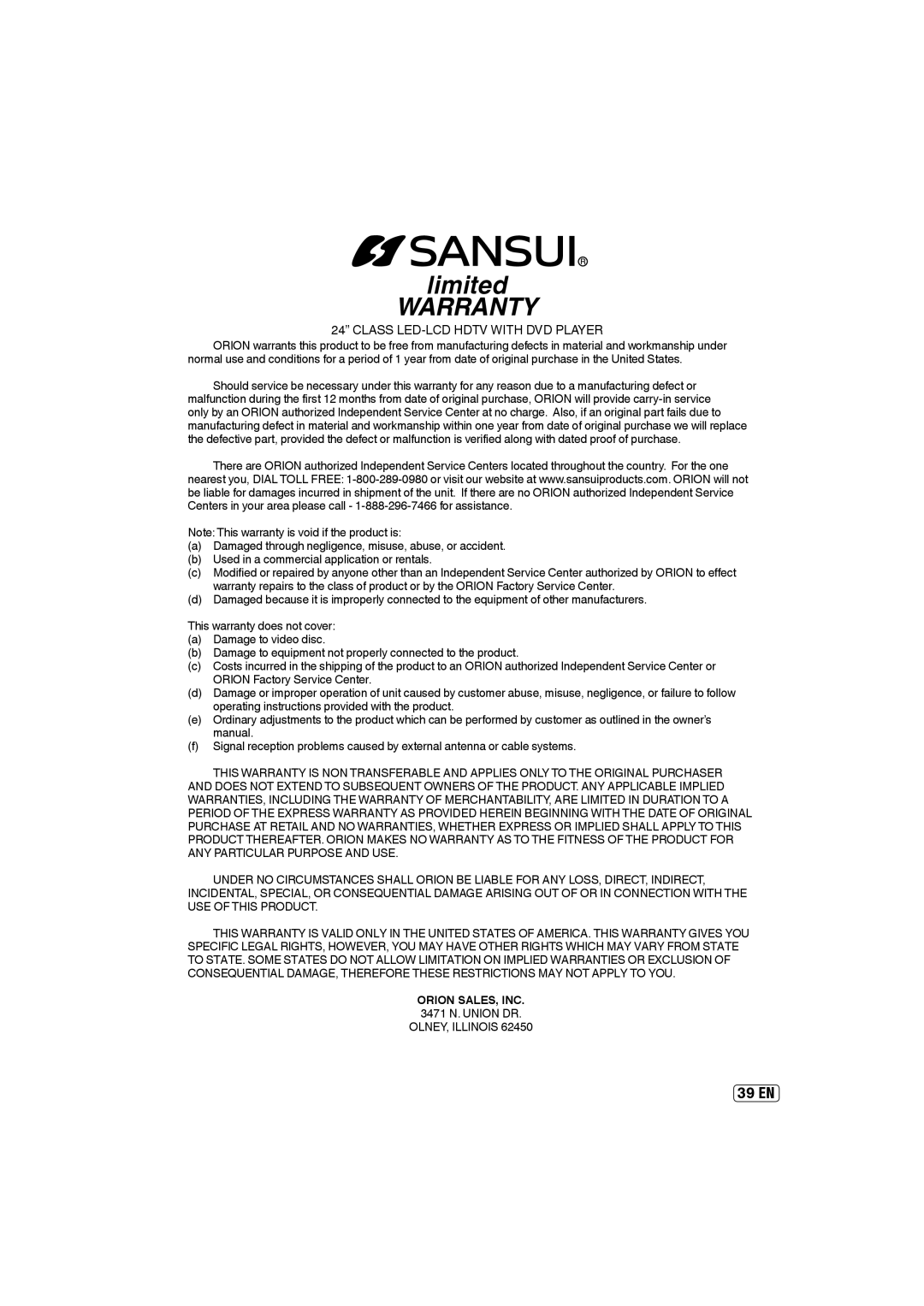 Sansui SLEDVD249 owner manual Orion SALES, INC, 3471 N. Union DR 