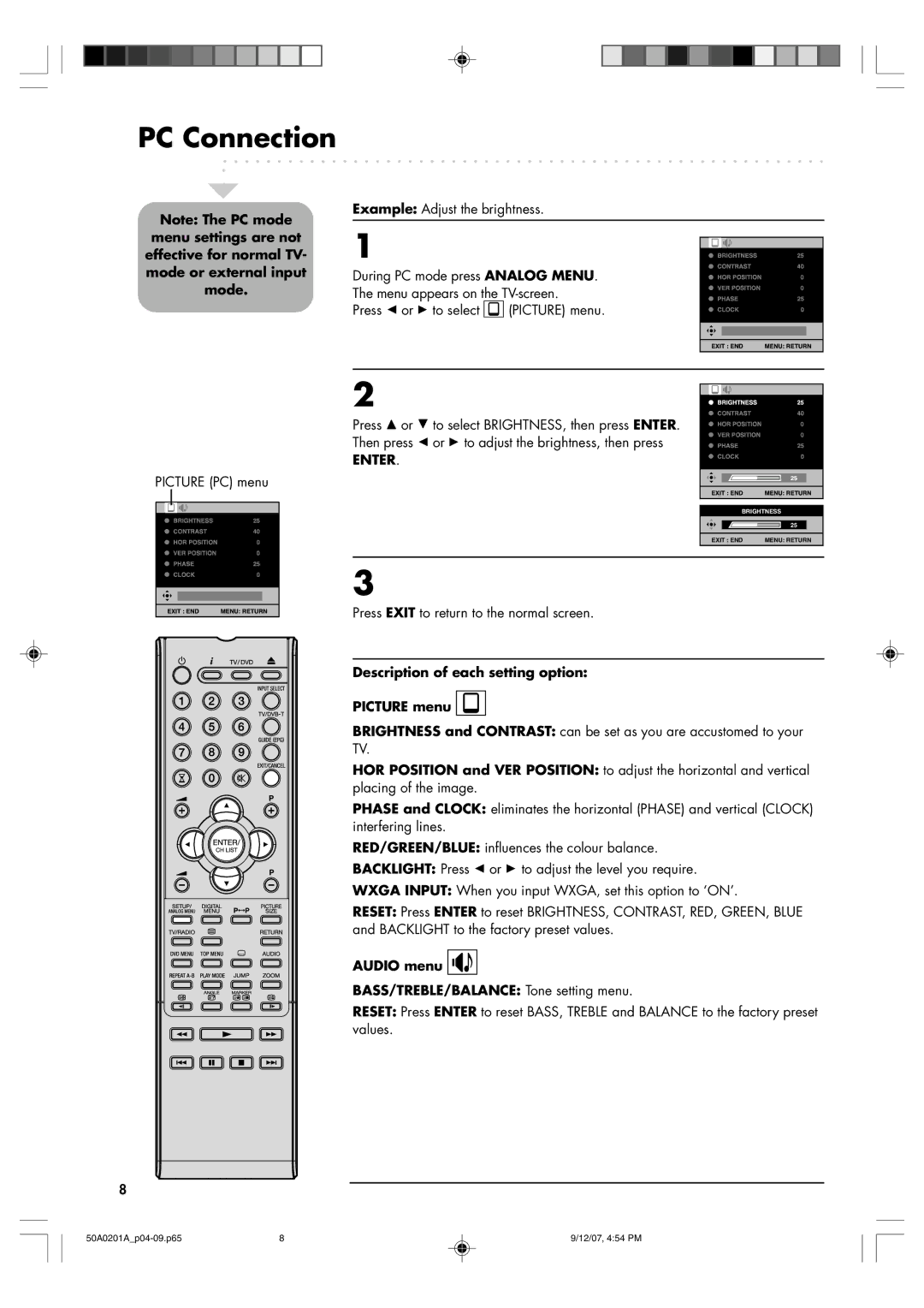 Sansui TV19PL120DVD instruction manual Then press B or a to adjust the brightness, then press 