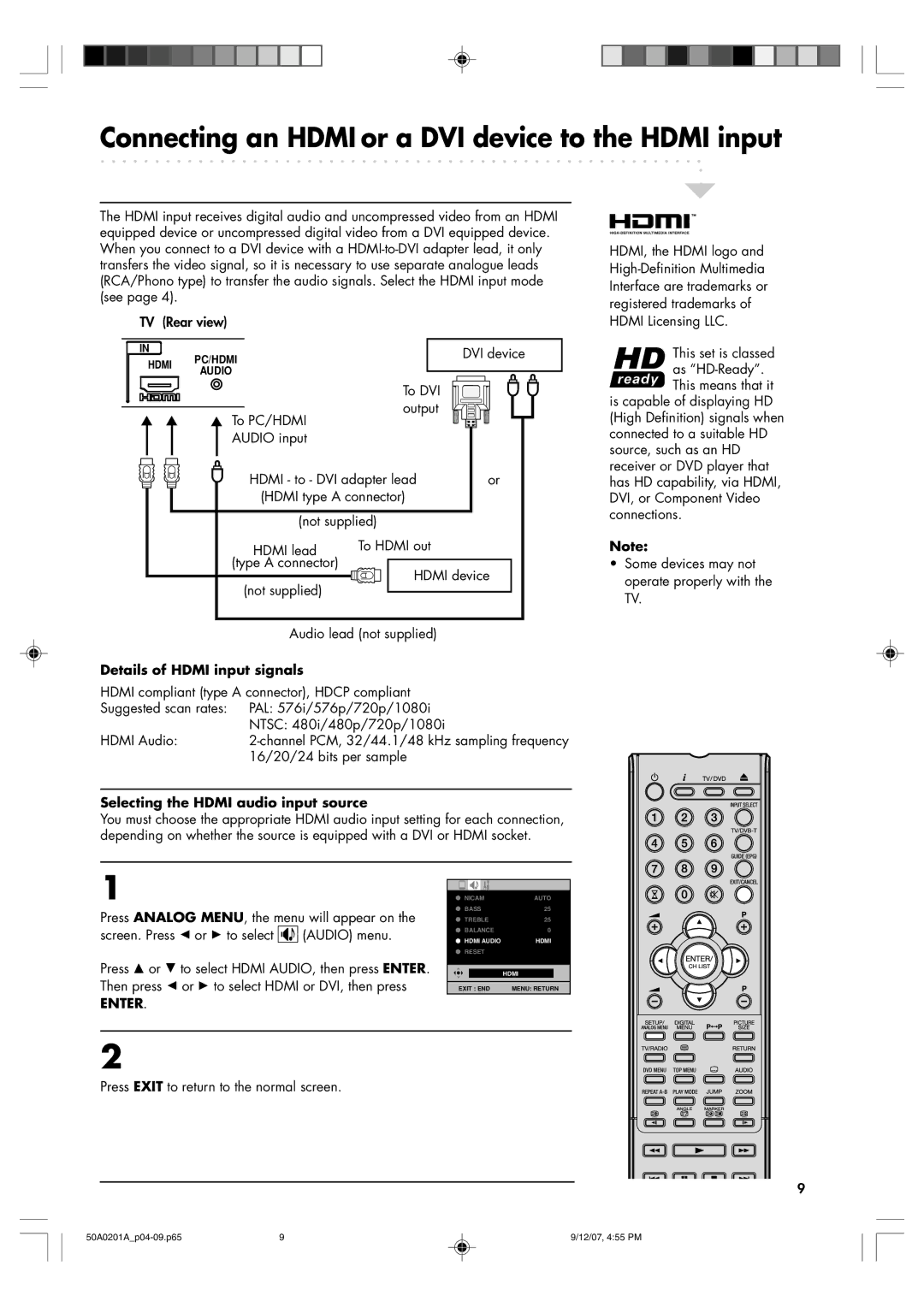 Sansui TV19PL120DVD Connecting an Hdmi or a DVI device to the Hdmi input, To DVI To PC/HDMI Output Audio input 