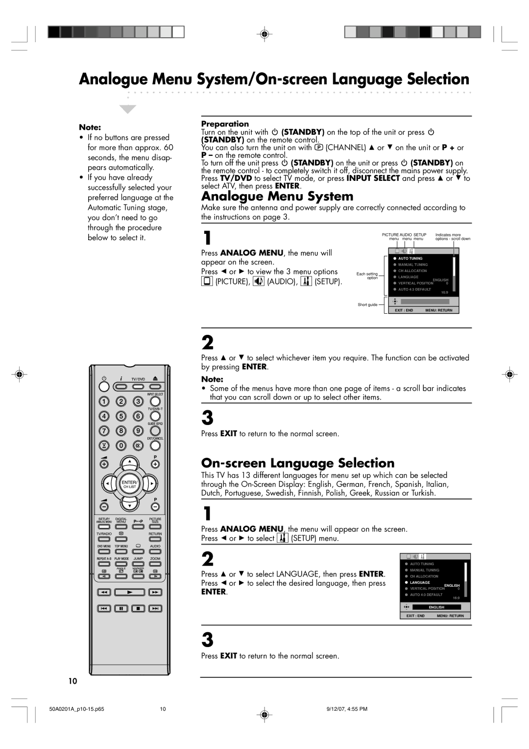 Sansui TV19PL120DVD instruction manual Analogue Menu System/On-screen Language Selection, Preparation 