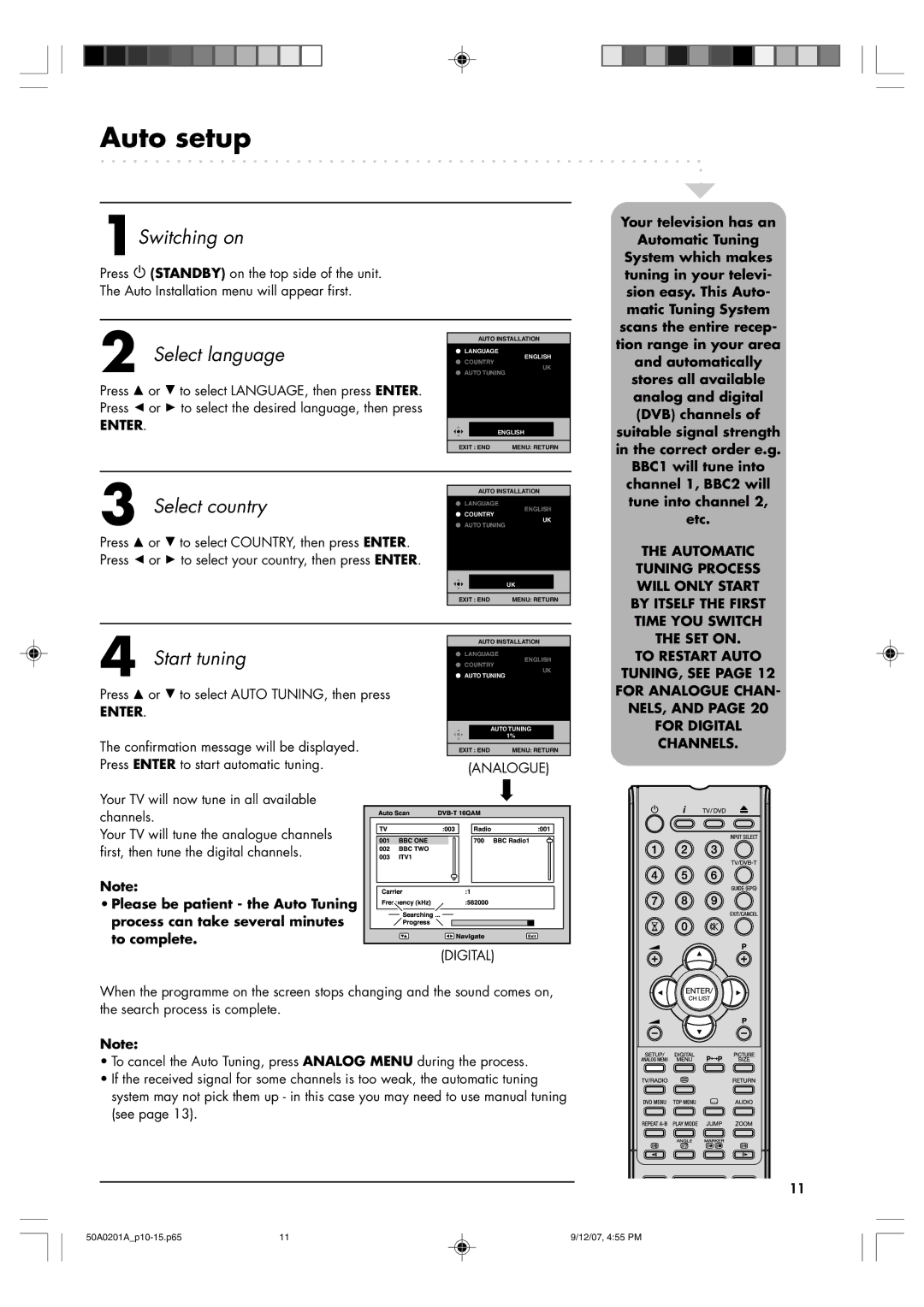 Sansui TV19PL120DVD Auto setup, Please be patient the Auto Tuning, Process can take several minutes To complete 