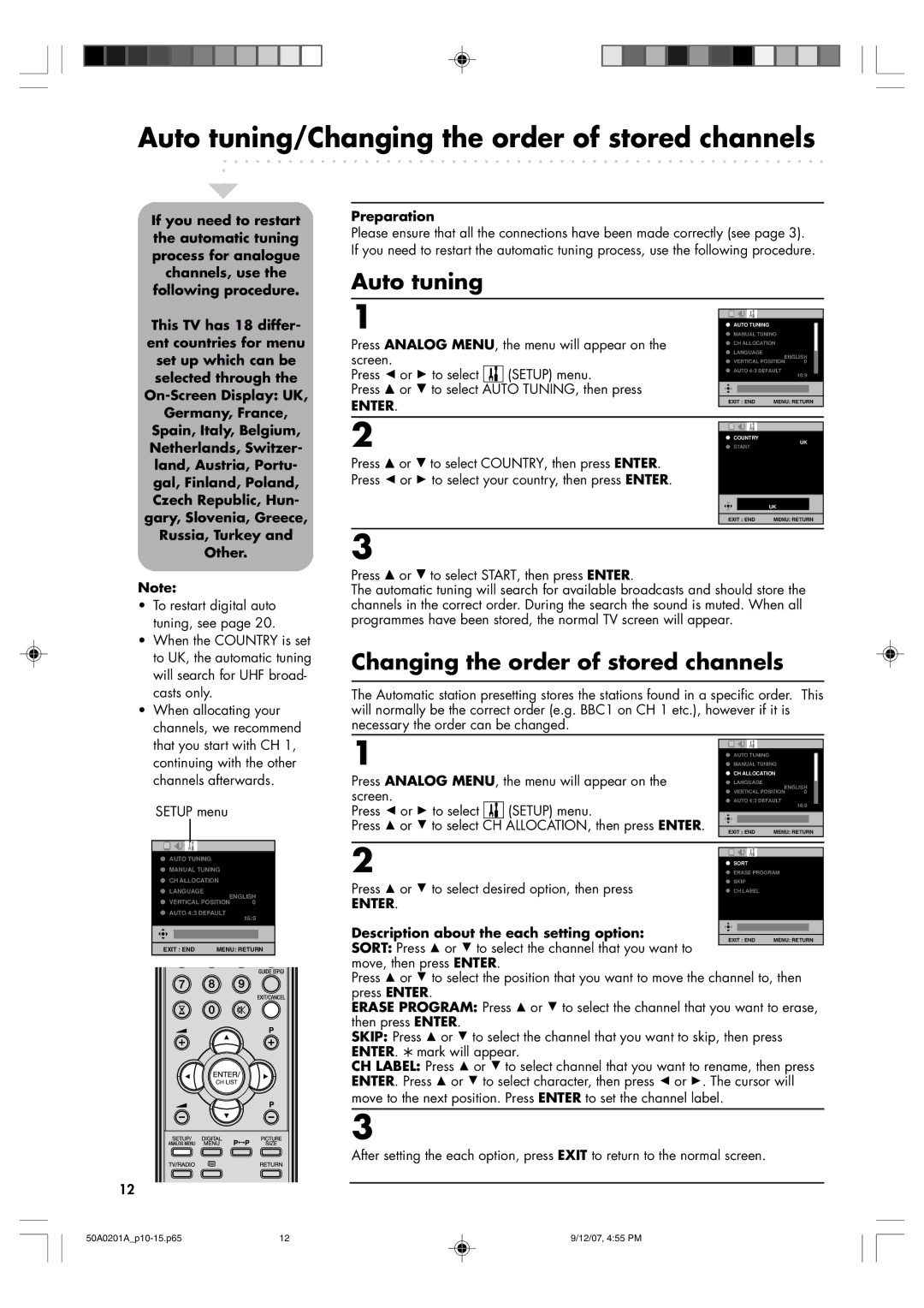 Sansui TV19PL120DVD Auto tuning/Changing the order of stored channels, Description about the each setting option 