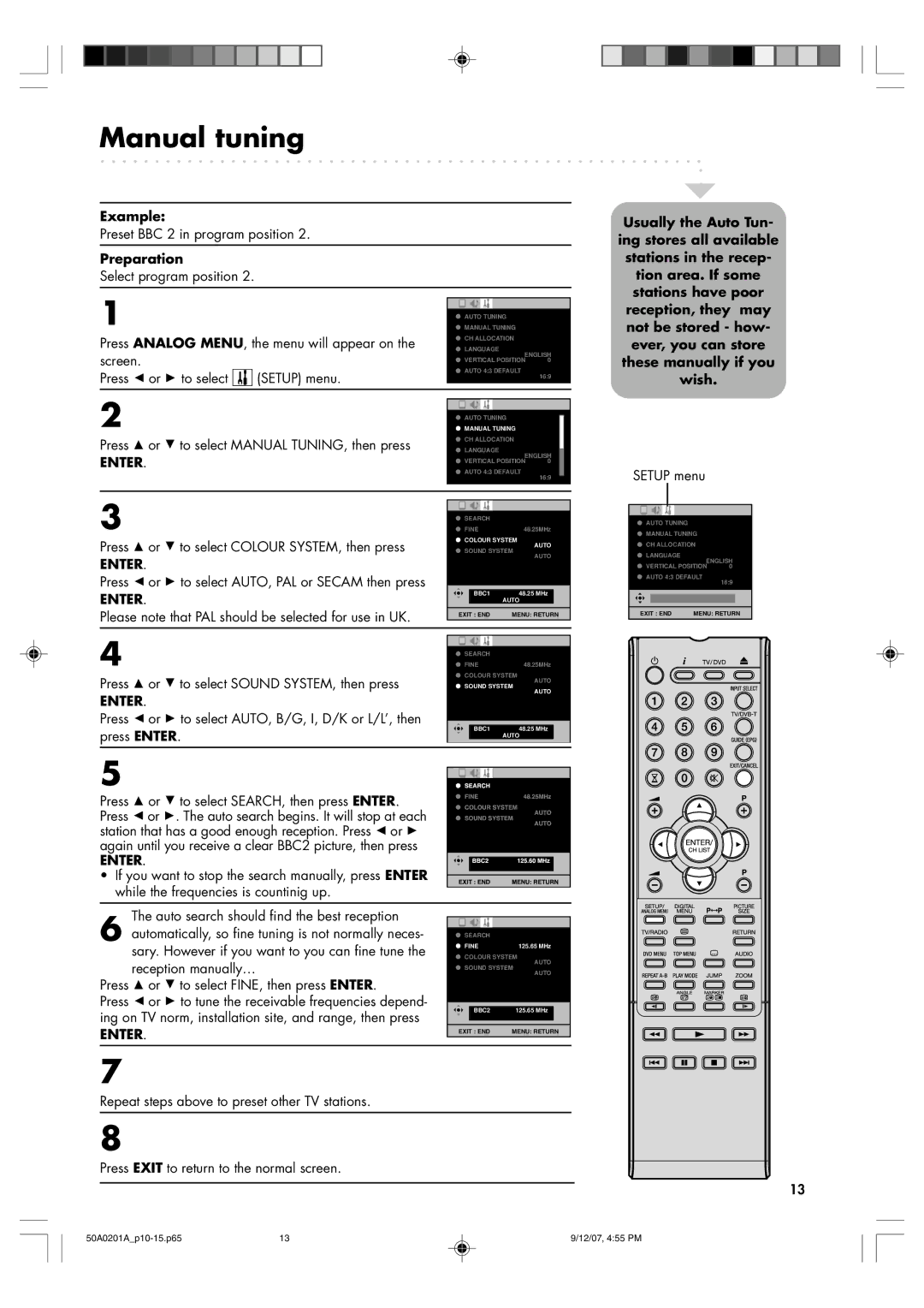 Sansui TV19PL120DVD instruction manual Manual tuning, Example 