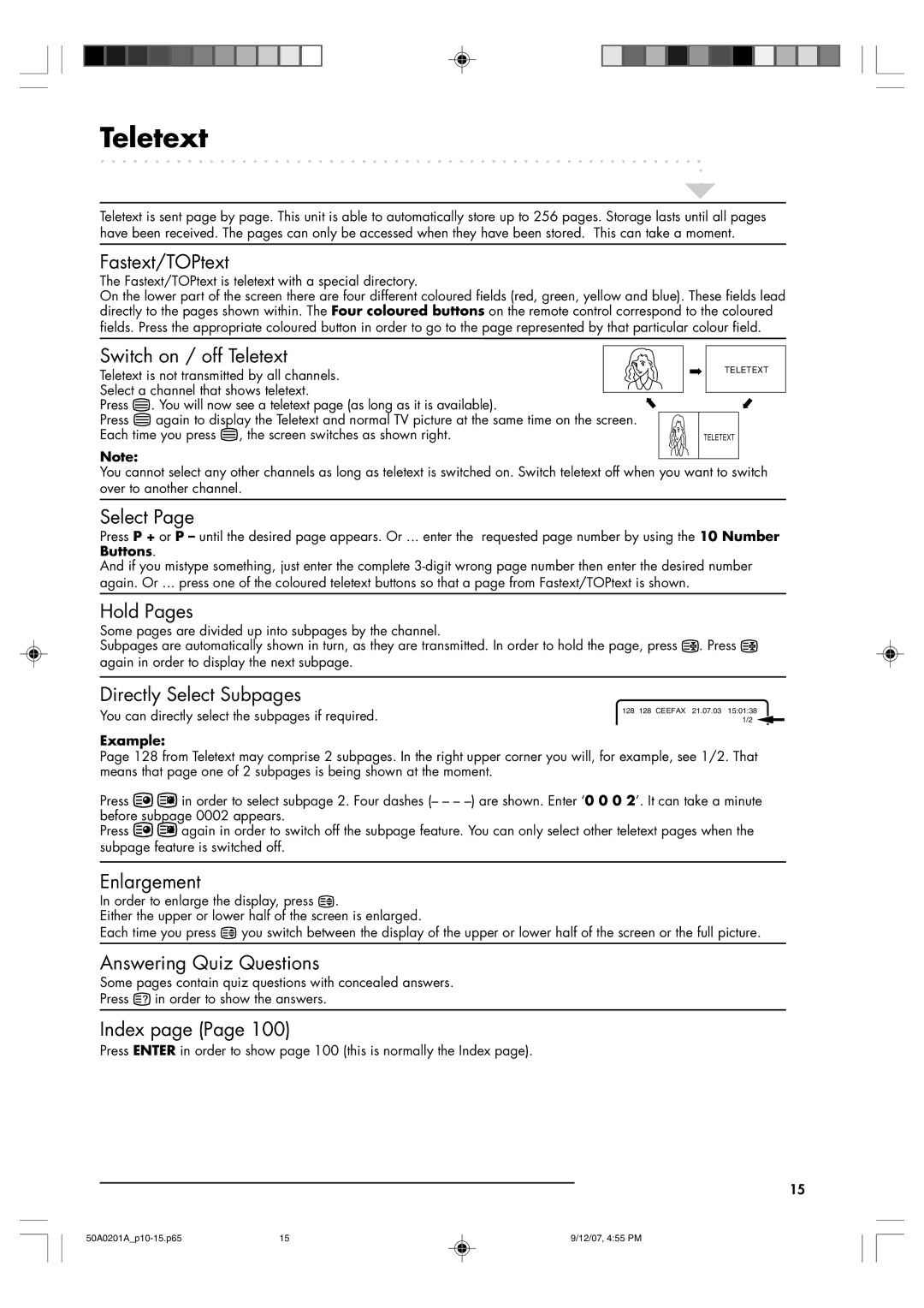 Sansui TV19PL120DVD instruction manual Teletext, Fastext/TOPtext is teletext with a special directory 