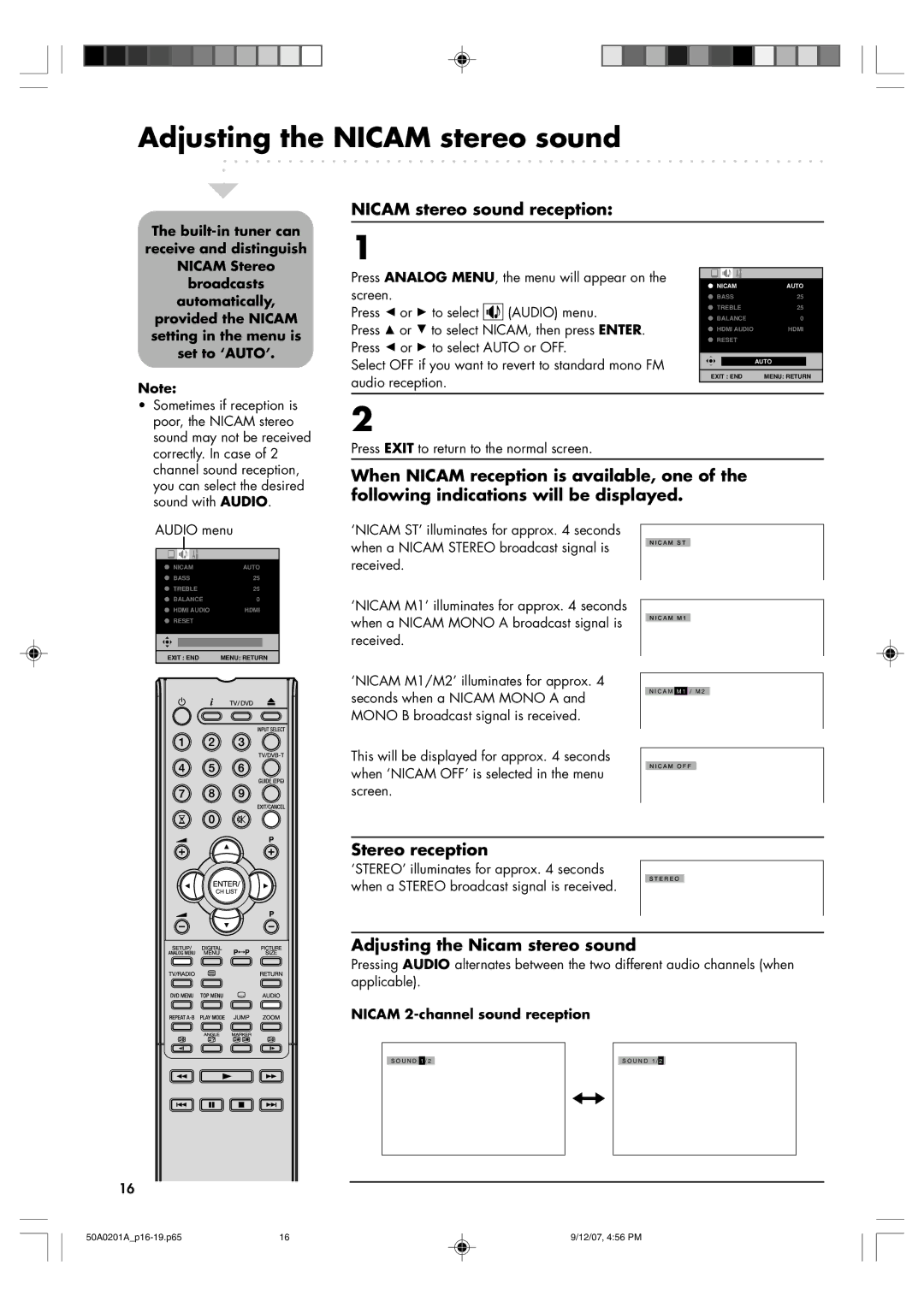 Sansui TV19PL120DVD instruction manual Adjusting the Nicam stereo sound, Audio menu, Nicam 2-channel sound reception 