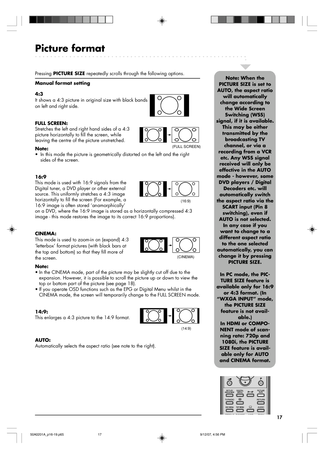 Sansui TV19PL120DVD instruction manual Picture format, Manual format setting, 169, 149 