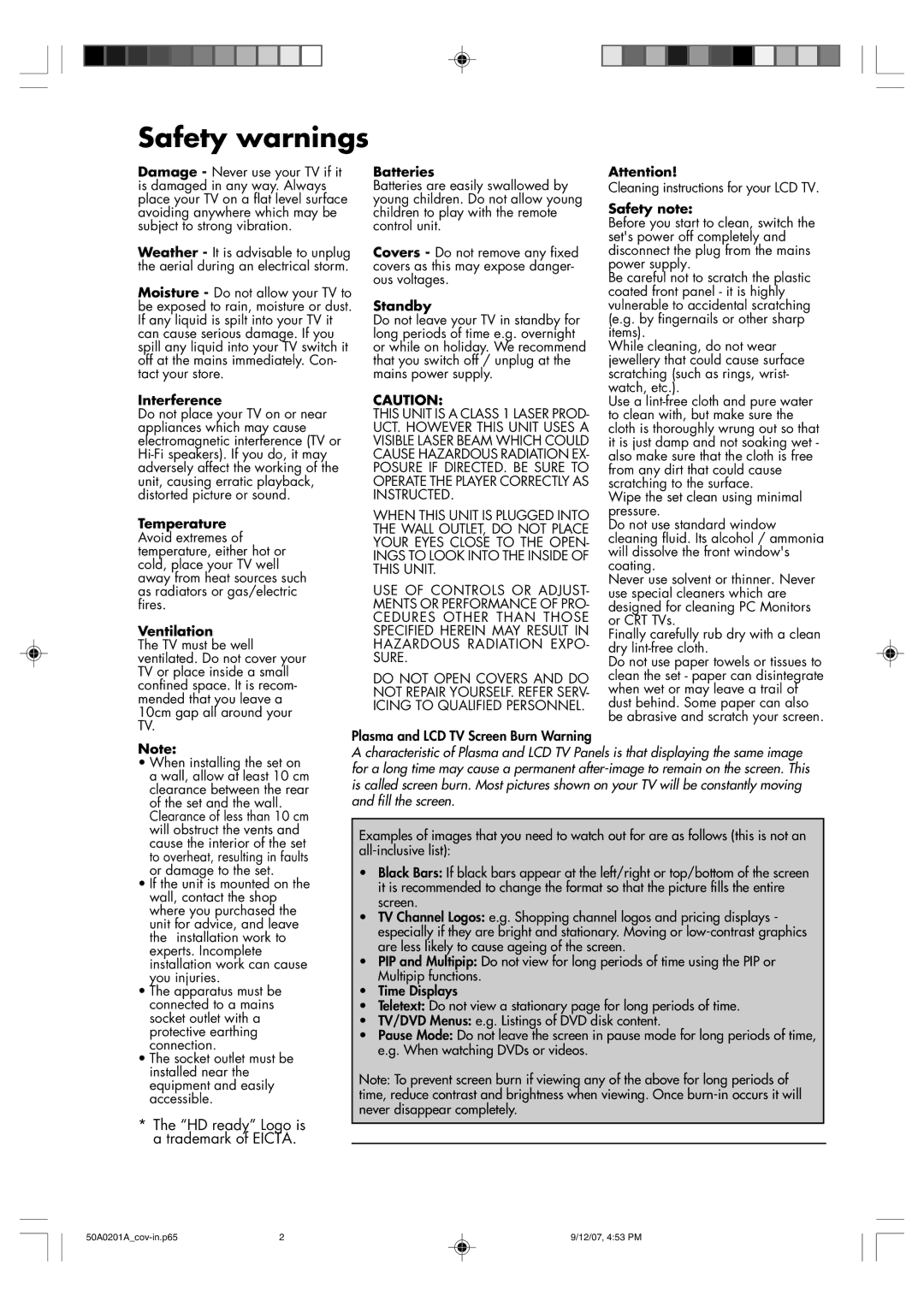 Sansui TV19PL120DVD instruction manual Safety warnings 