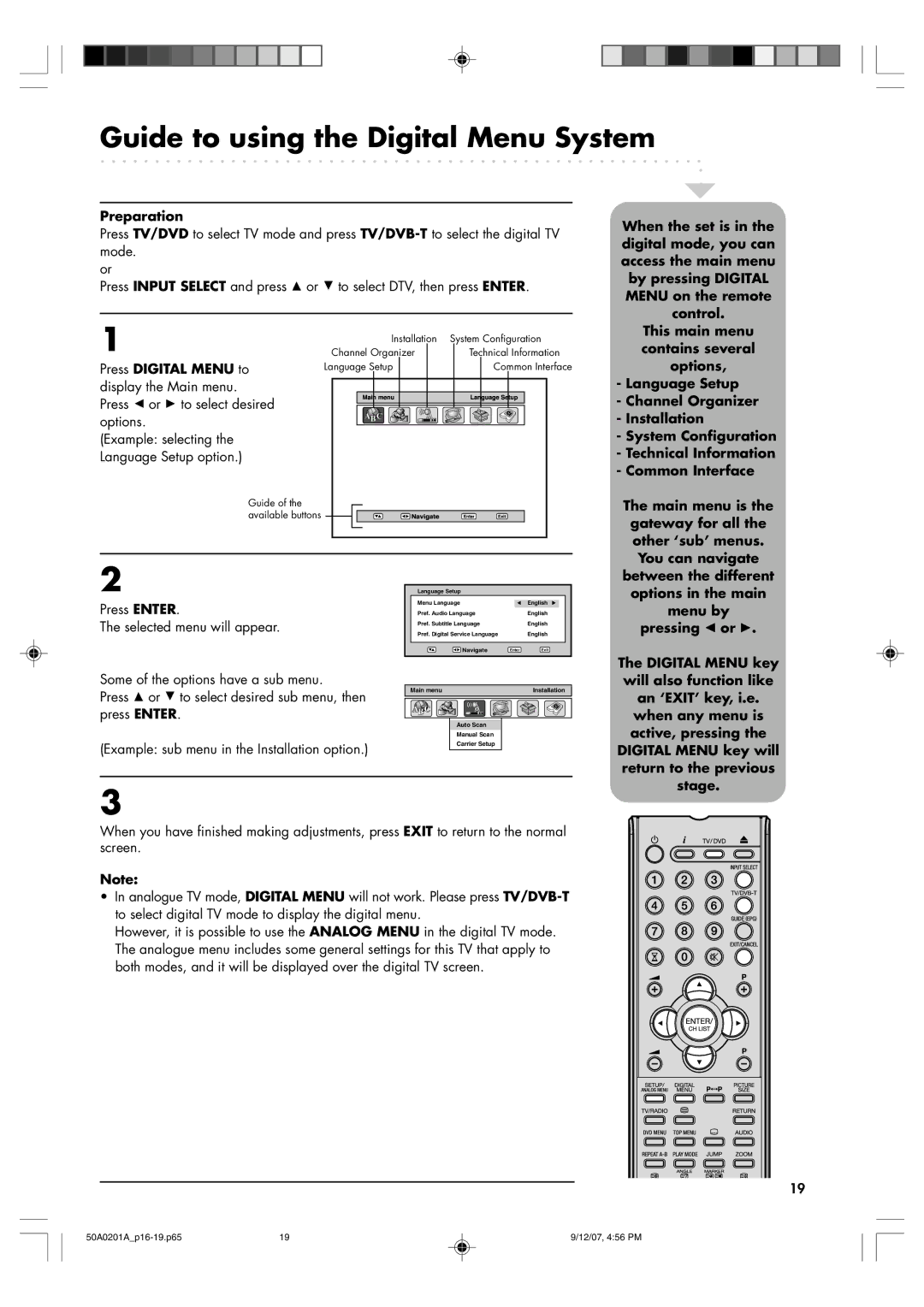 Sansui TV19PL120DVD instruction manual Guide to using the Digital Menu System, Press Digital Menu to 