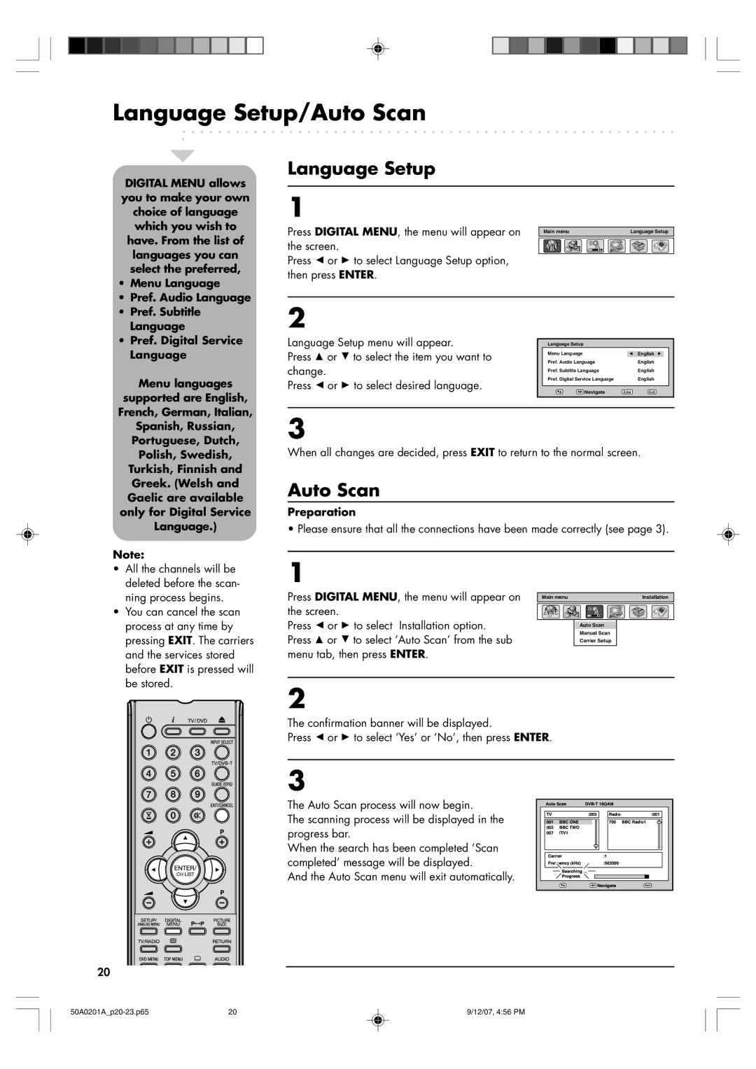 Sansui TV19PL120DVD instruction manual Language Setup/Auto Scan 