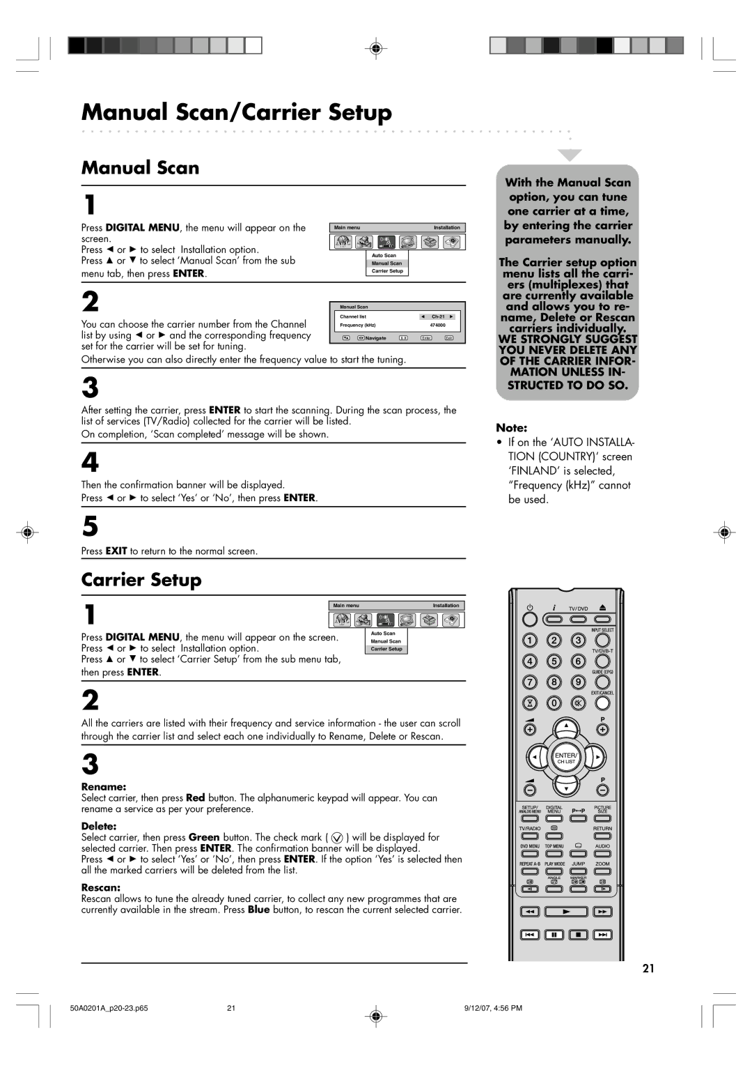 Sansui TV19PL120DVD instruction manual Manual Scan/Carrier Setup 