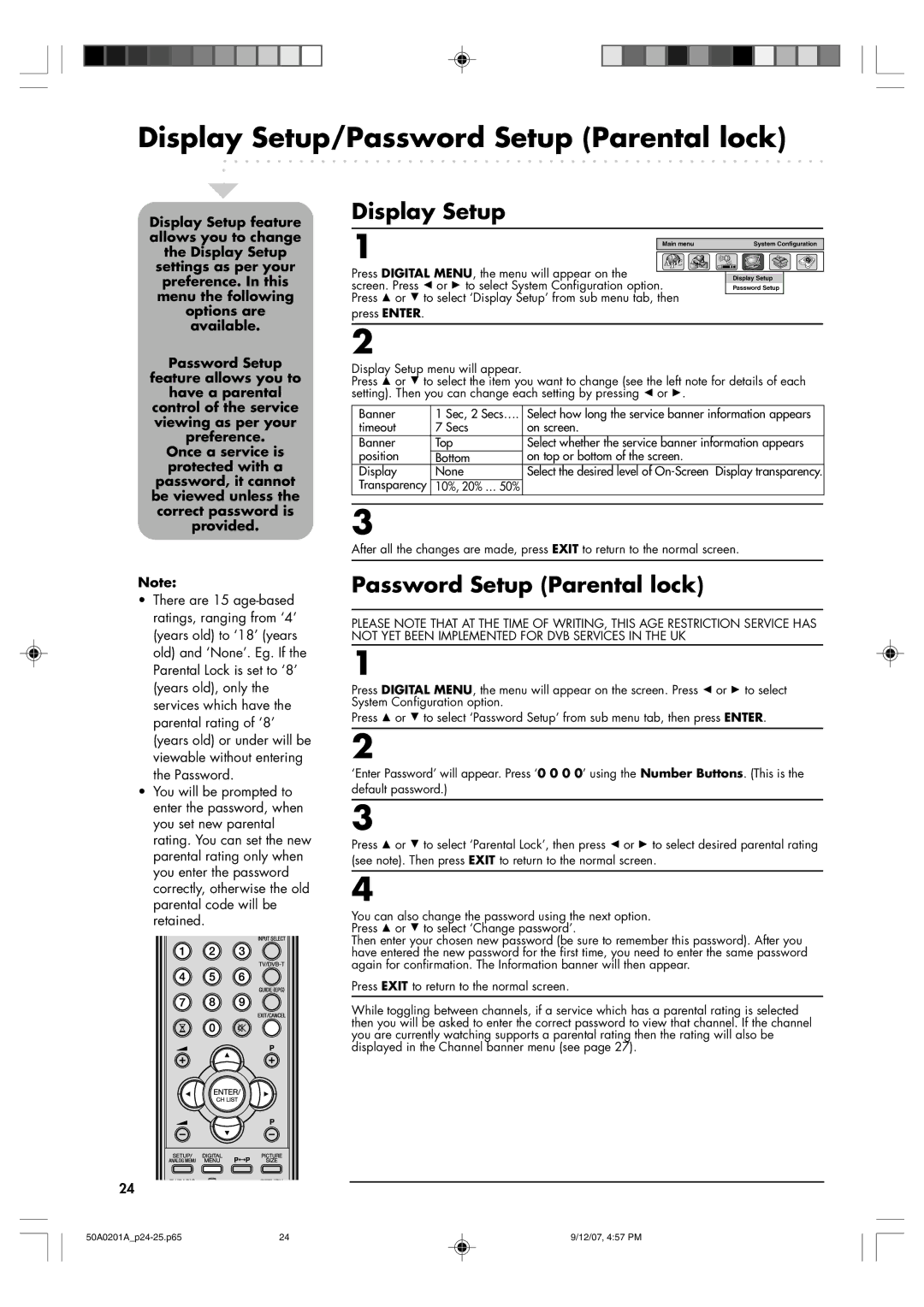 Sansui TV19PL120DVD instruction manual Display Setup/Password Setup Parental lock 