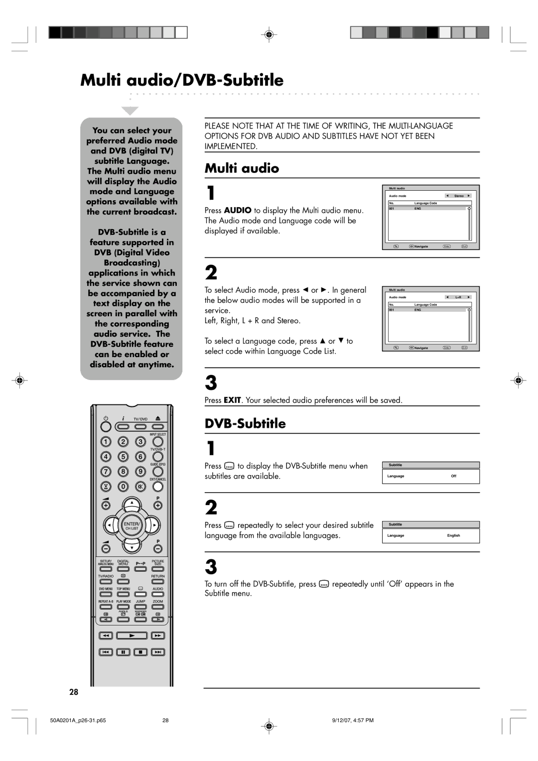 Sansui TV19PL120DVD instruction manual Multi audio/DVB-Subtitle, Press EXIT. Your selected audio preferences will be saved 