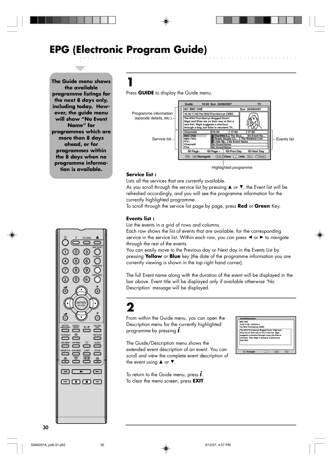 Sansui TV19PL120DVD instruction manual EPG Electronic Program Guide, Tion is available, Service list, Events list 