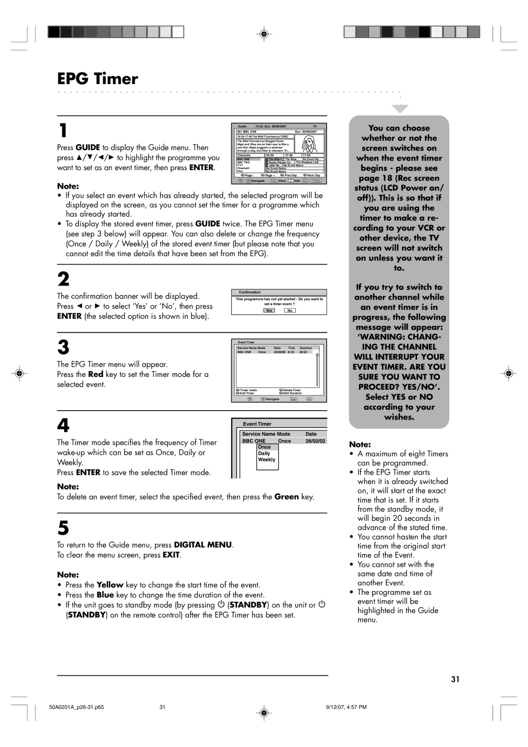 Sansui TV19PL120DVD instruction manual EPG Timer 