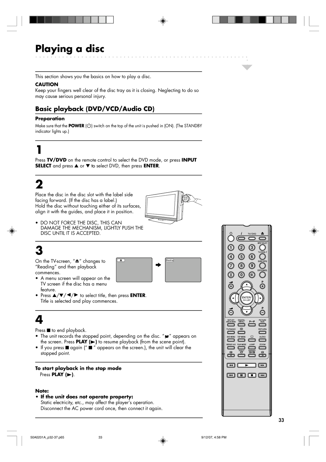 Sansui TV19PL120DVD Playing a disc, Press to end playback, To start playback in the stop mode, Press Play 