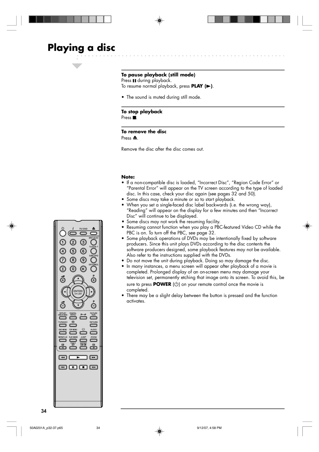 Sansui TV19PL120DVD instruction manual To pause playback still mode, To stop playback, To remove the disc 