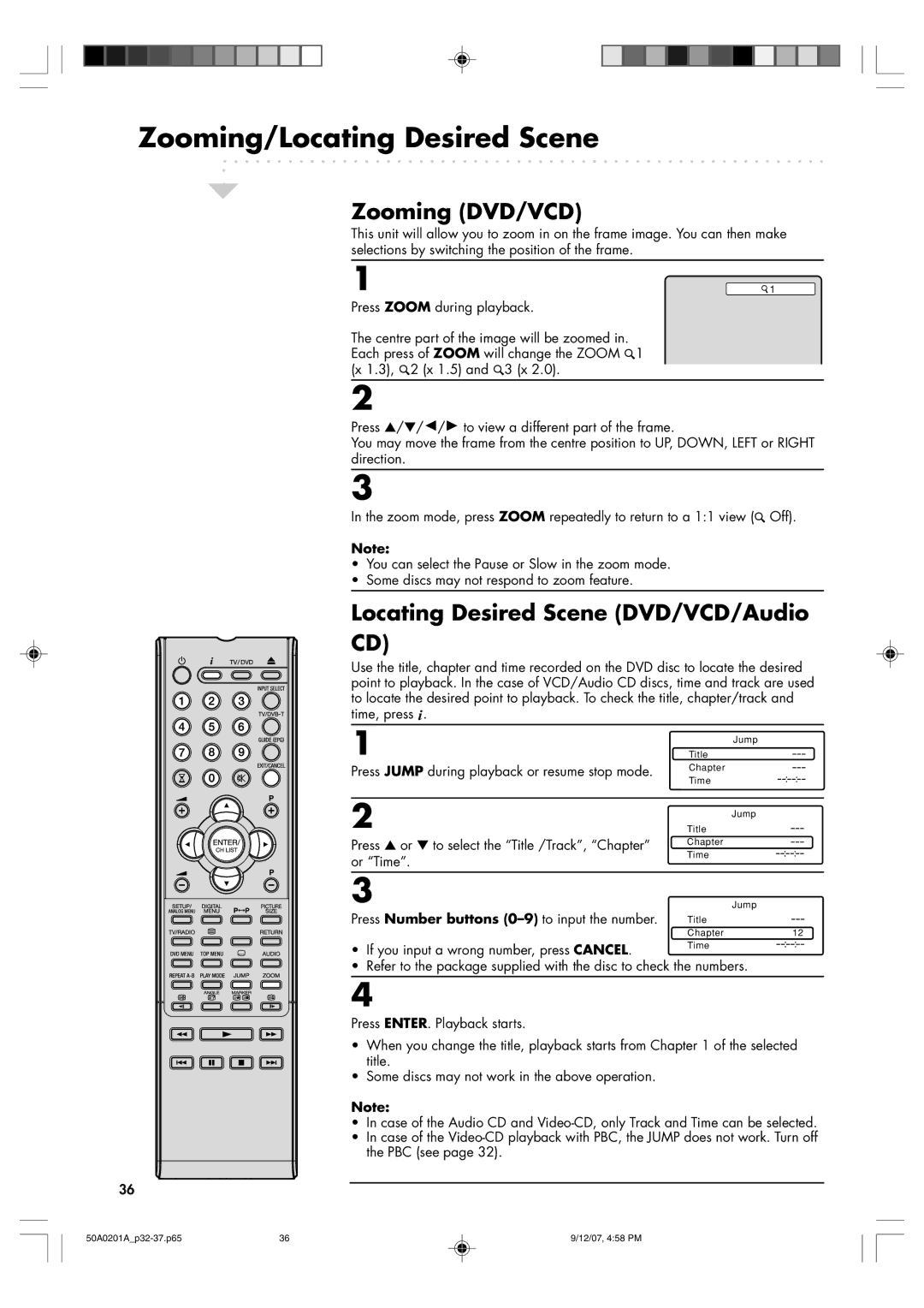 Sansui TV19PL120DVD Zooming/Locating Desired Scene, Zooming DVD/VCD, Locating Desired Scene DVD/VCD/Audio 