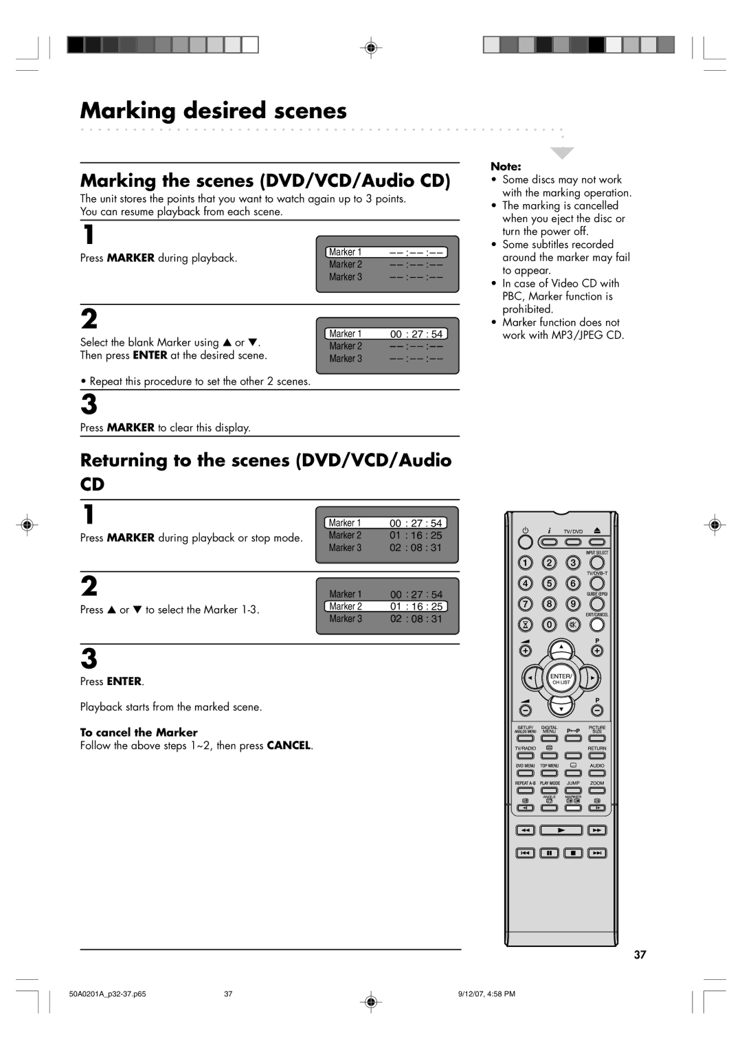 Sansui TV19PL120DVD Marking desired scenes, Marking the scenes DVD/VCD/Audio CD, Returning to the scenes DVD/VCD/Audio 