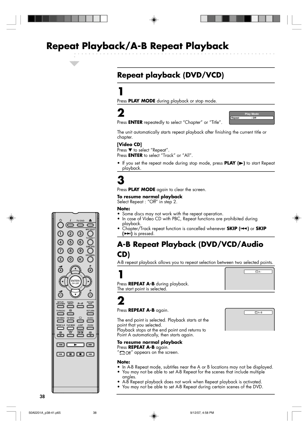 Sansui TV19PL120DVD Repeat Playback/A-B Repeat Playback, Repeat playback DVD/VCD, Repeat Playback DVD/VCD/Audio, Video CD 