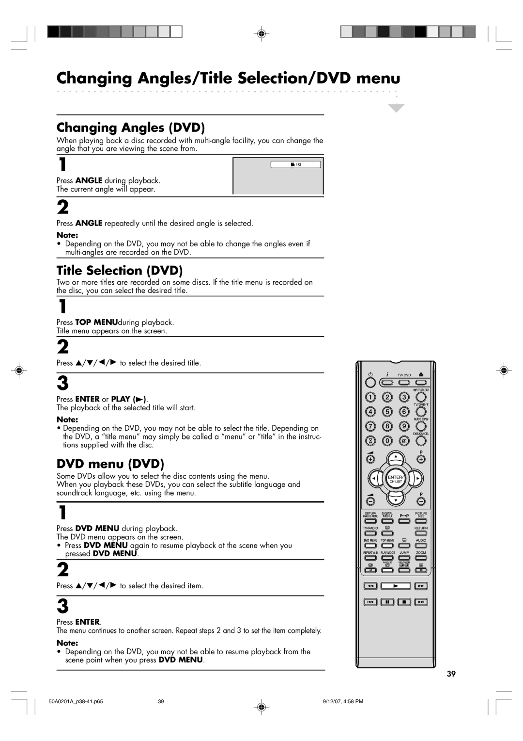 Sansui TV19PL120DVD Changing Angles/Title Selection/DVD menu, Changing Angles DVD, Title Selection DVD, DVD menu DVD 