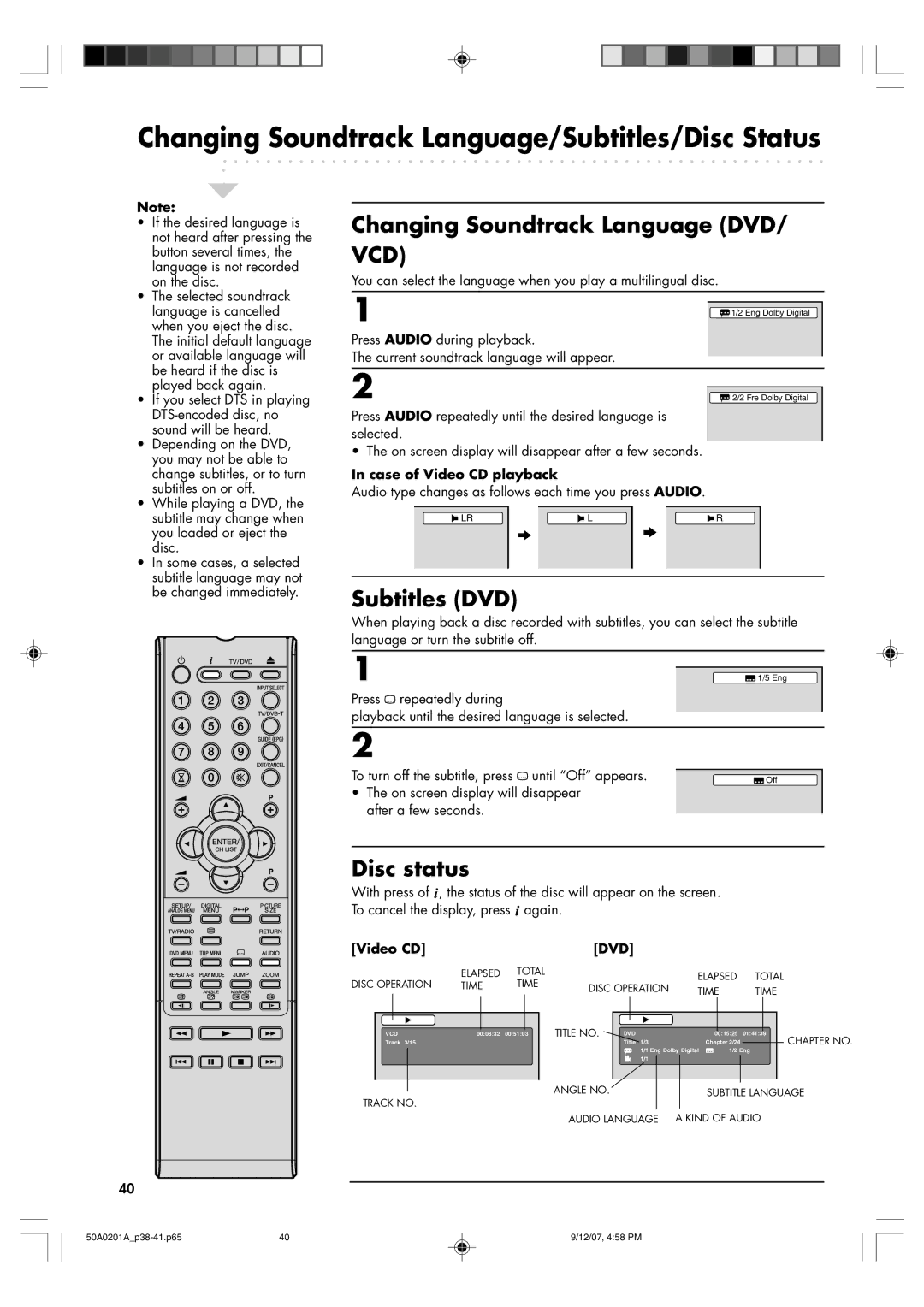 Sansui TV19PL120DVD Changing Soundtrack Language/Subtitles/Disc Status, Changing Soundtrack Language DVD/ VCD, Disc status 