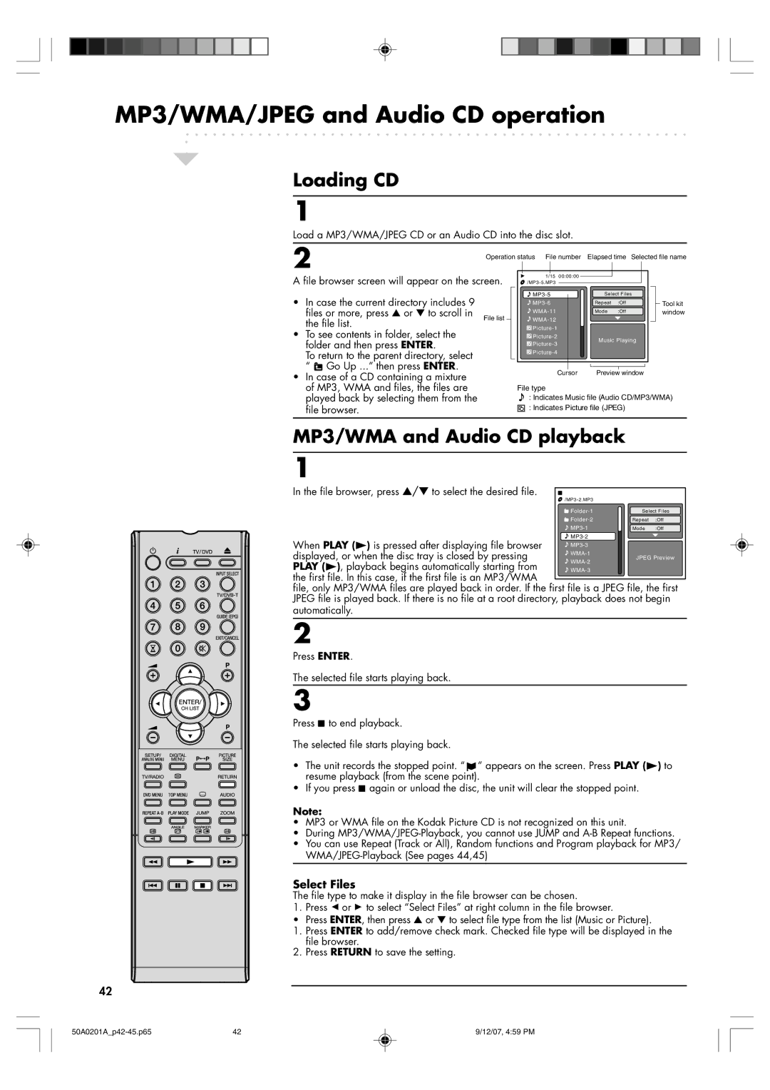 Sansui TV19PL120DVD instruction manual Loading CD, MP3/WMA and Audio CD playback, Select Files 