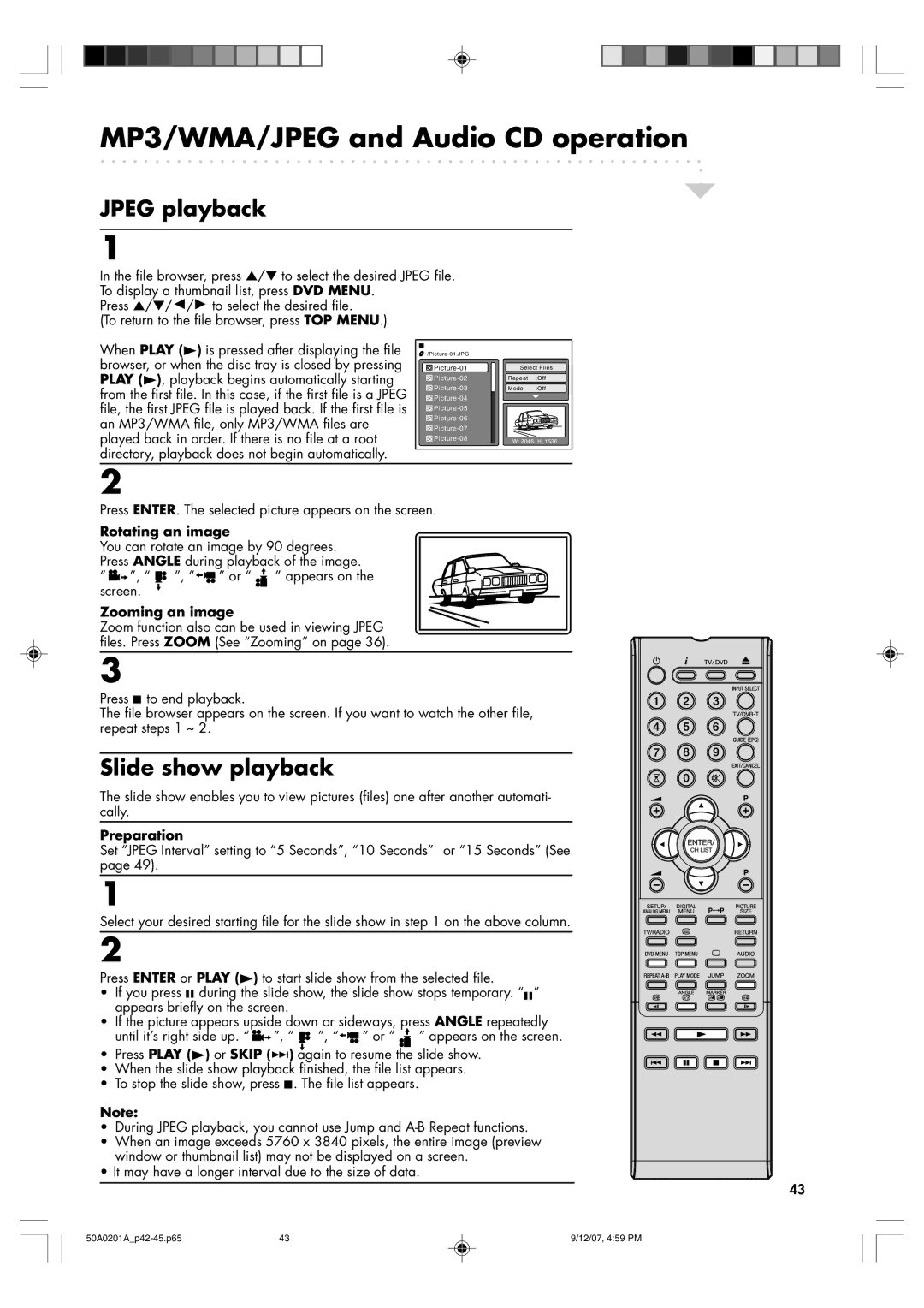 Sansui TV19PL120DVD instruction manual Jpeg playback, Slide show playback, Rotating an image, Zooming an image 