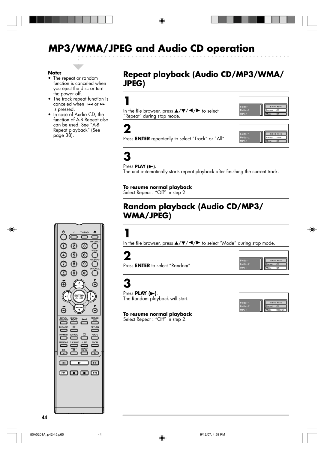 Sansui TV19PL120DVD instruction manual Repeat playback Audio CD/MP3/WMA/ Jpeg, Random playback Audio CD/MP3/ WMA/JPEG 