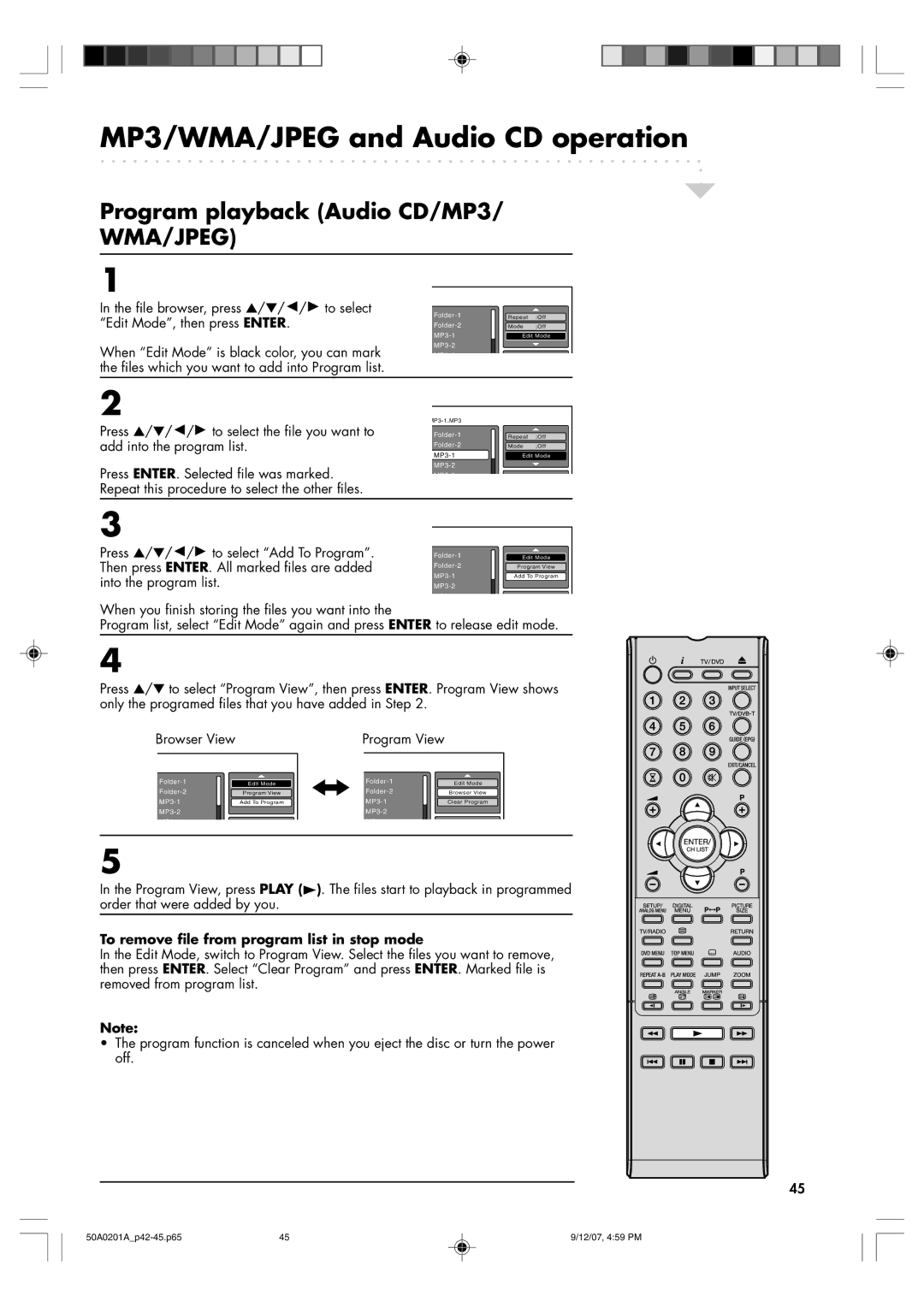 Sansui TV19PL120DVD instruction manual Program playback Audio CD/MP3, To remove file from program list in stop mode 