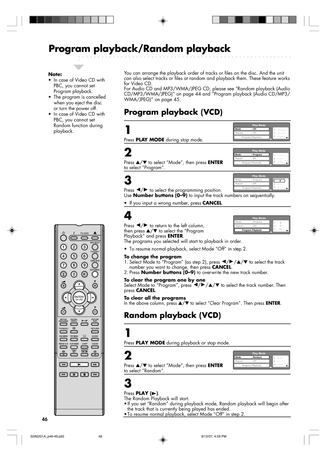 Sansui TV19PL120DVD instruction manual Program playback/Random playback, Program playback VCD, Random playback VCD 