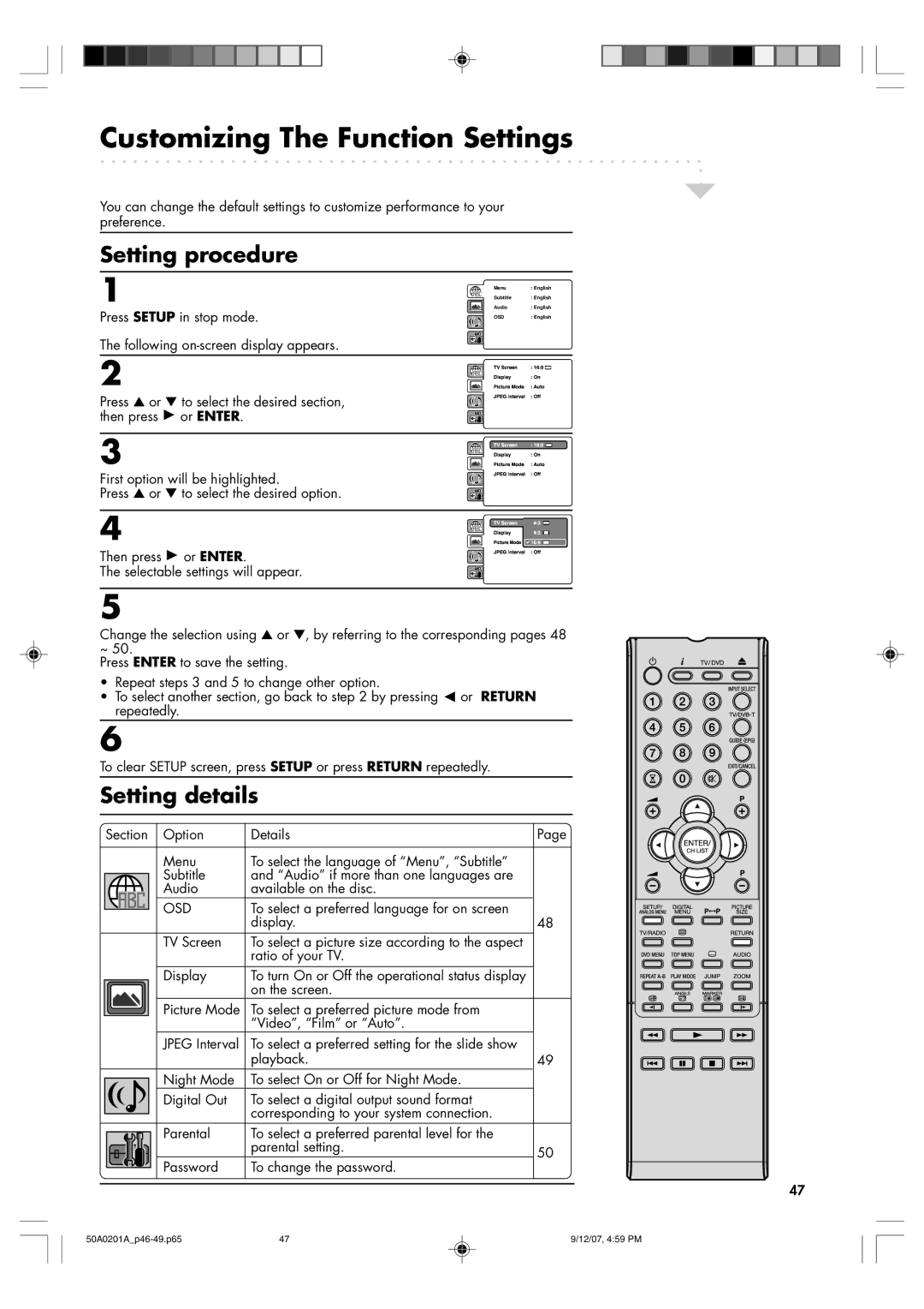 Sansui TV19PL120DVD instruction manual Customizing The Function Settings, Setting procedure, Setting details 