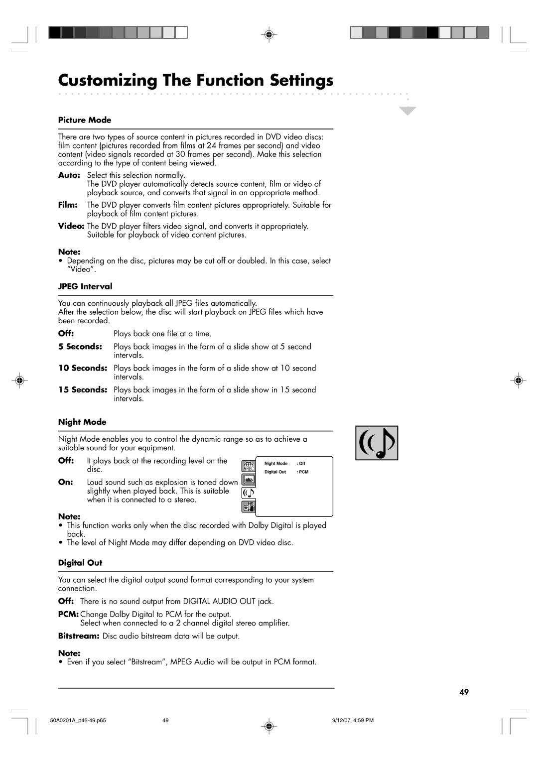 Sansui TV19PL120DVD Picture Mode, Auto Select this selection normally, Jpeg Interval, Night Mode, Digital Out 