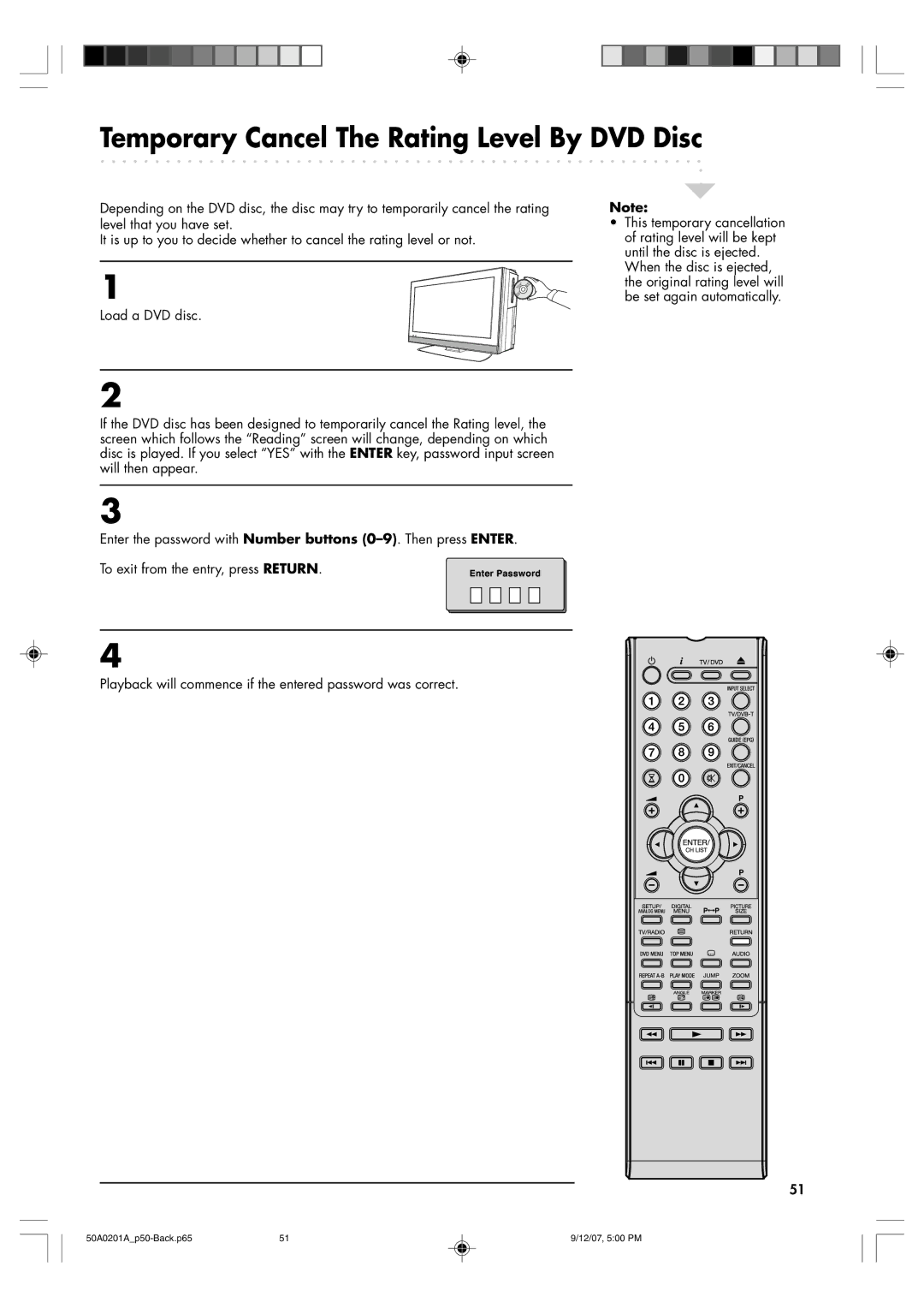 Sansui TV19PL120DVD instruction manual Temporary Cancel The Rating Level By DVD Disc 