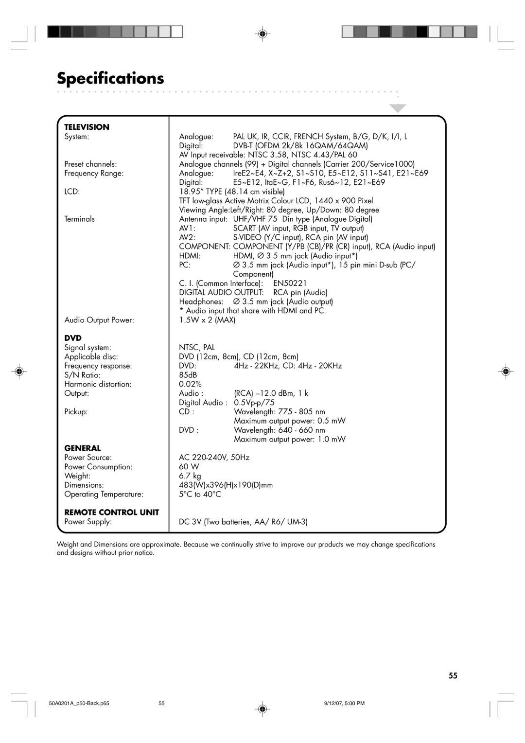 Sansui TV19PL120DVD instruction manual Specifications 