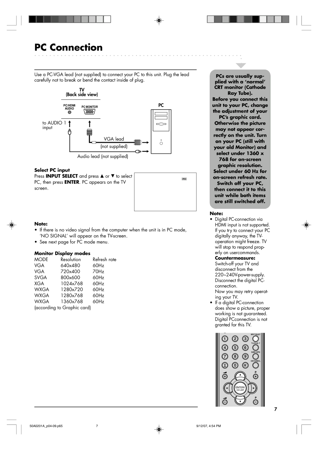 Sansui TV19PL120DVD instruction manual PC Connection, Select PC input, Monitor Display modes 