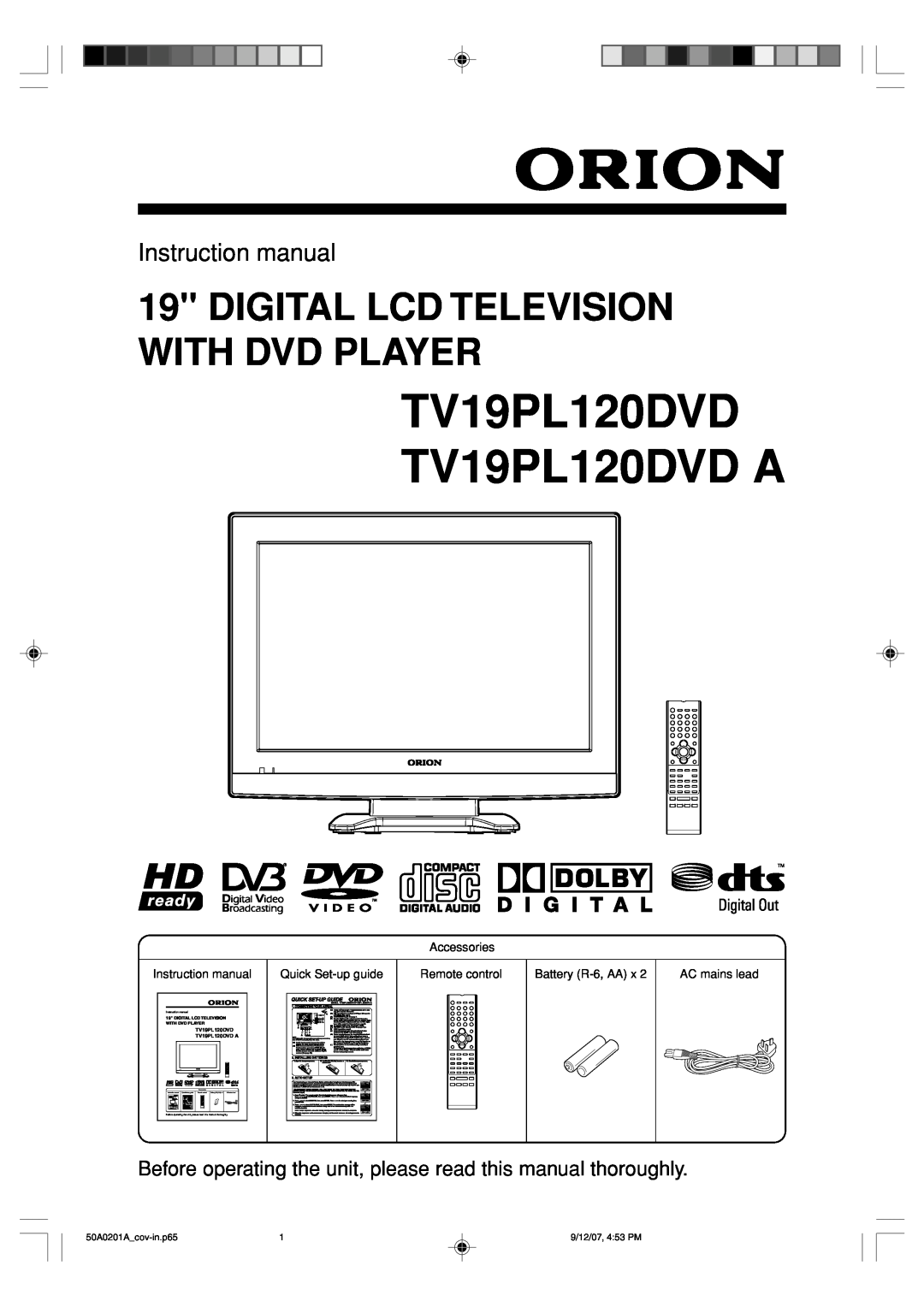 Sansui instruction manual TV19PL120DVD TV19PL120DVD A, Digital Lcd Television With Dvd Player, Instruction manual 