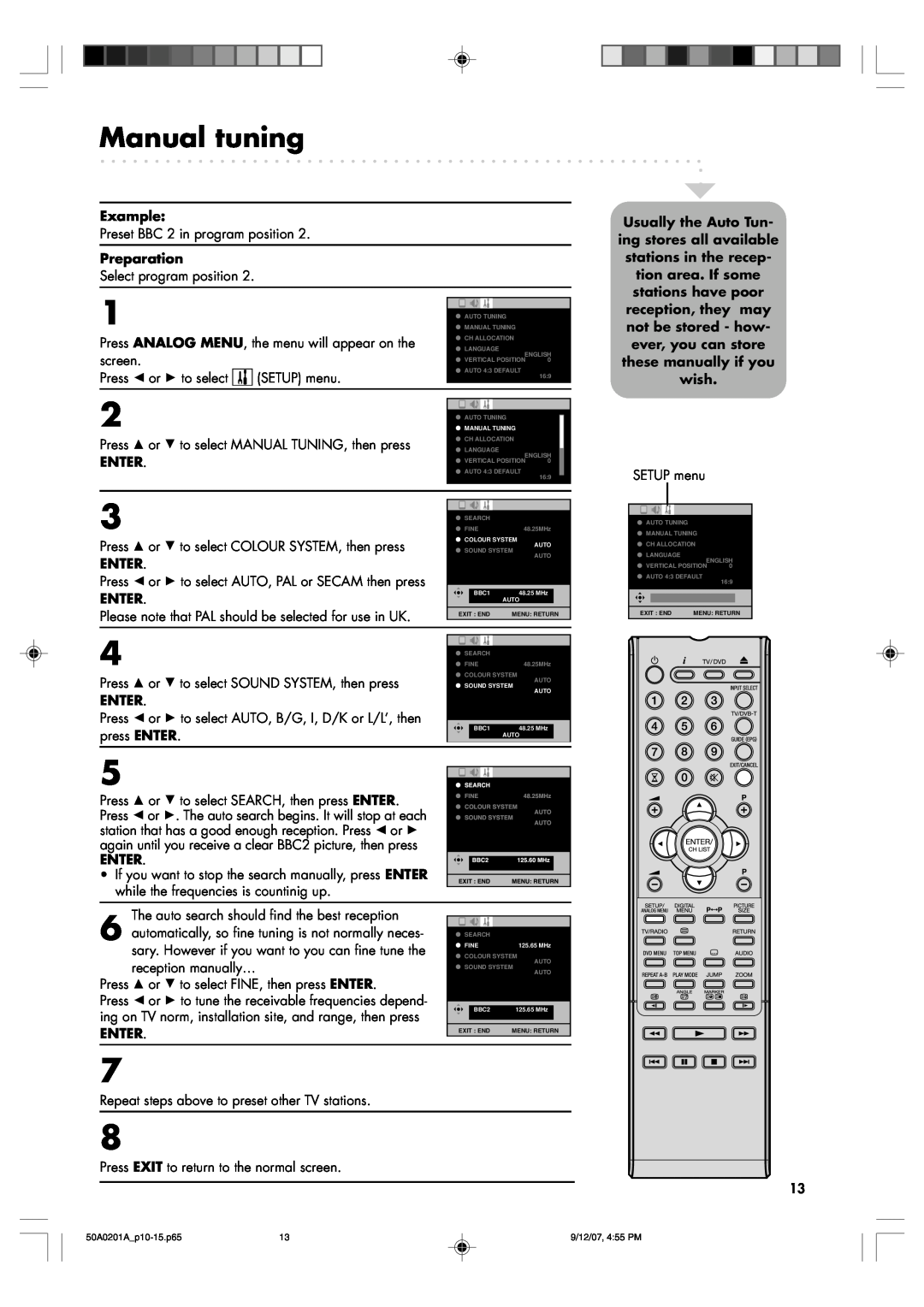 Sansui TV19PL120DVD instruction manual Manual tuning, Example, Preparation, Enter 