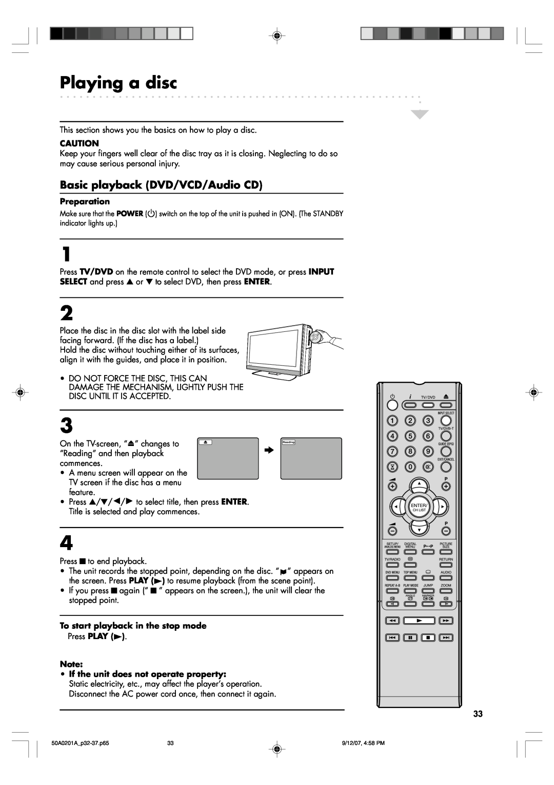Sansui TV19PL120DVD Playing a disc, To start playback in the stop mode, If the unit does not operate property, Preparation 