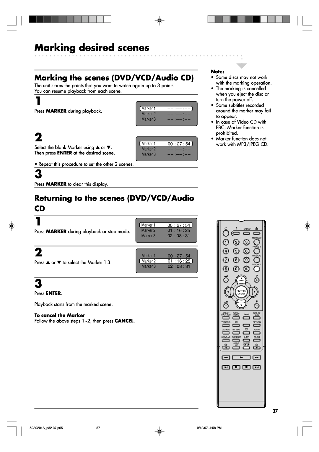 Sansui TV19PL120DVD Marking desired scenes, Marking the scenes DVD/VCD/Audio CD, Returning to the scenes DVD/VCD/Audio CD 