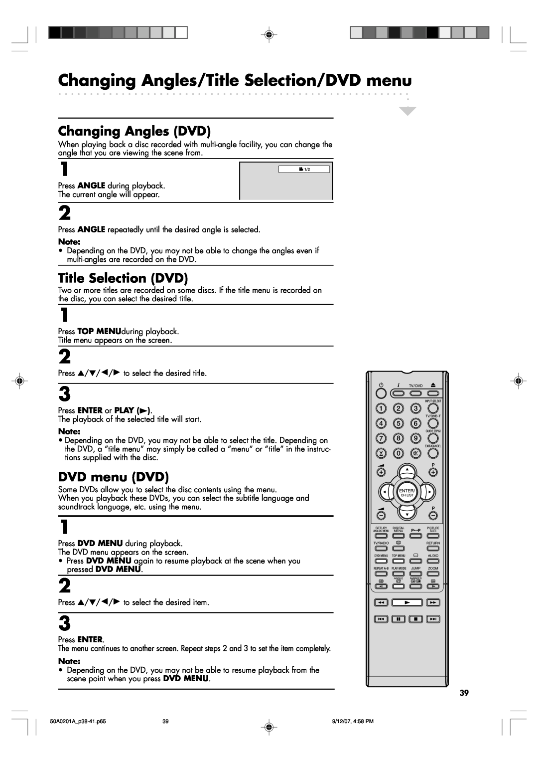 Sansui TV19PL120DVD Changing Angles/Title Selection/DVD menu, Changing Angles DVD, Title Selection DVD, DVD menu DVD 