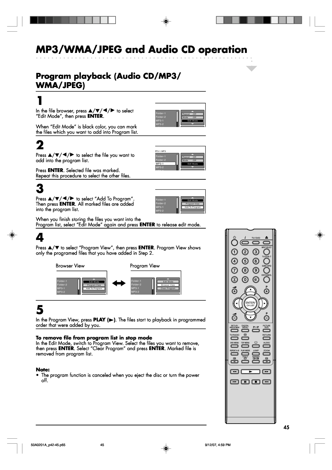 Sansui TV19PL120DVD Program playback Audio CD/MP3 WMA/JPEG, To remove file from program list in stop mode 