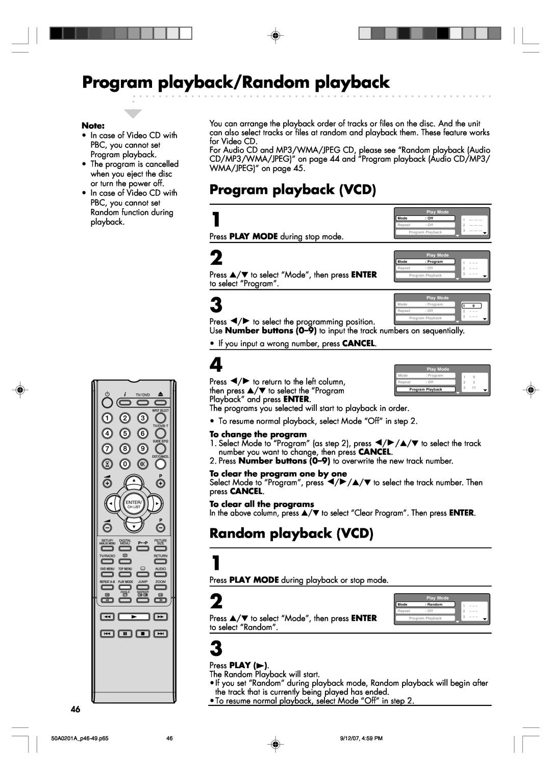 Sansui TV19PL120DVD Program playback/Random playback, Program playback VCD, Random playback VCD, To change the program 