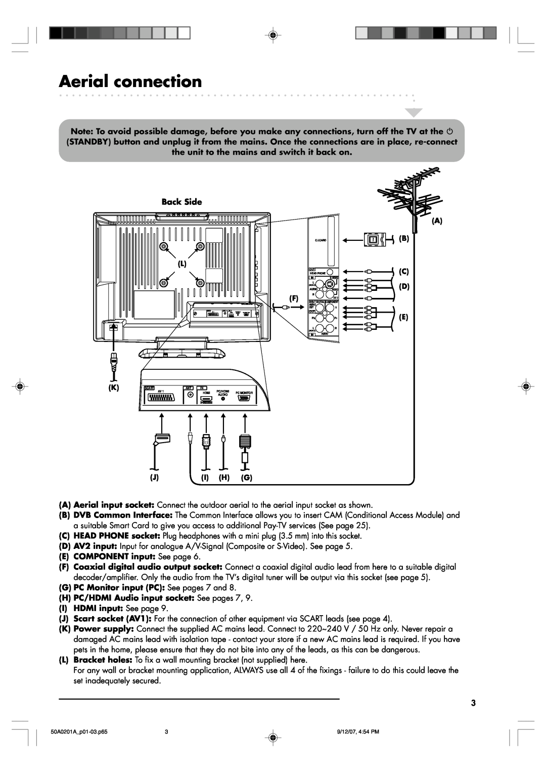 Sansui TV19PL120DVD Aerial connection, Back Side, E COMPONENT input See page, G PC Monitor input PC See pages 7 and 