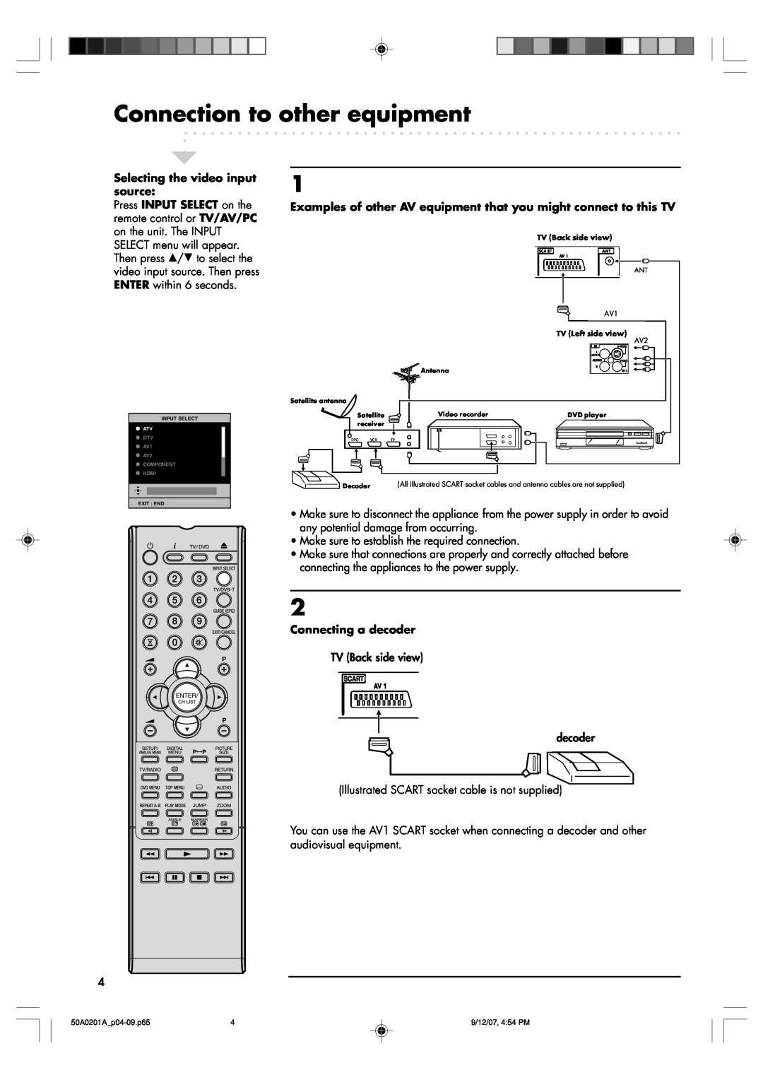 Sansui TV19PL120DVD instruction manual Connection to other equipment, Selecting the video input source 