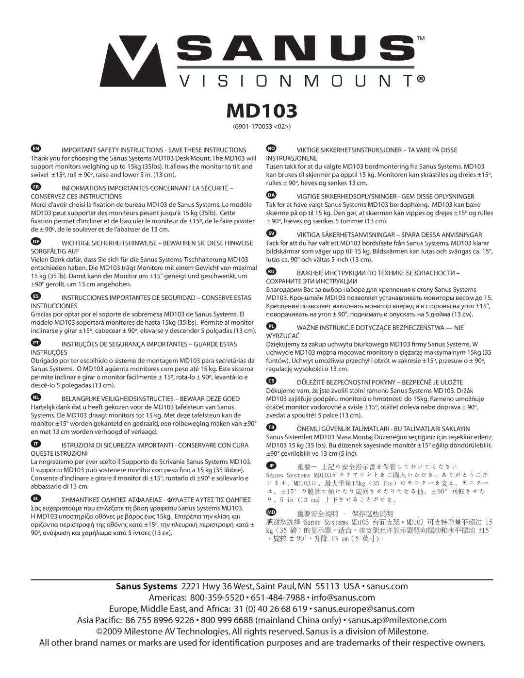 Sanus Systems 6901-170053 important safety instructions MD103 