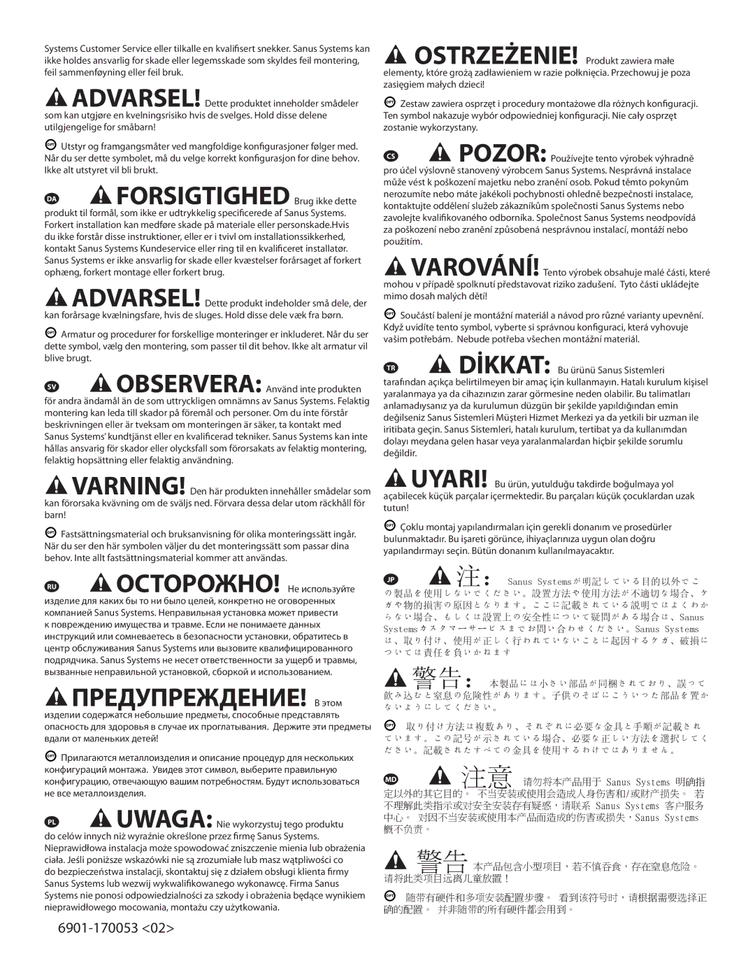 Sanus Systems 6901-170053 important safety instructions ПРЕДУПРЕЖДЕНИЕ! В этом, Uwaga Nie wykorzystuj tego produktu 