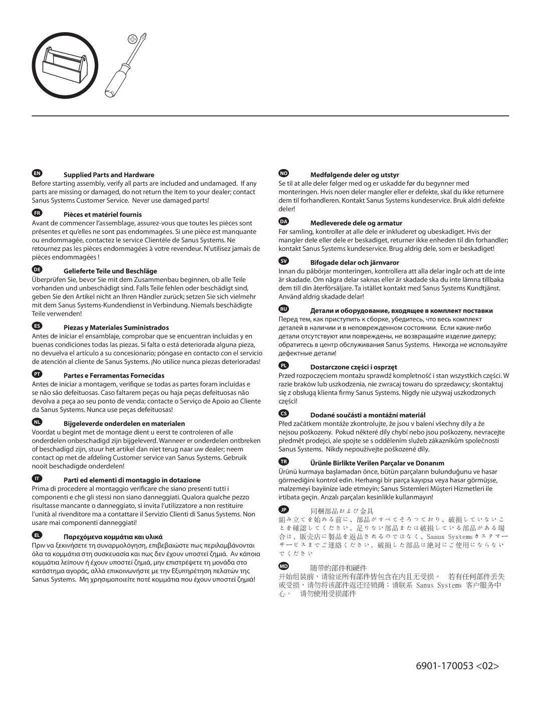 Sanus Systems 6901-170053 important safety instructions EN Supplied Parts and Hardware, DE Gelieferte Teile und Beschläge 