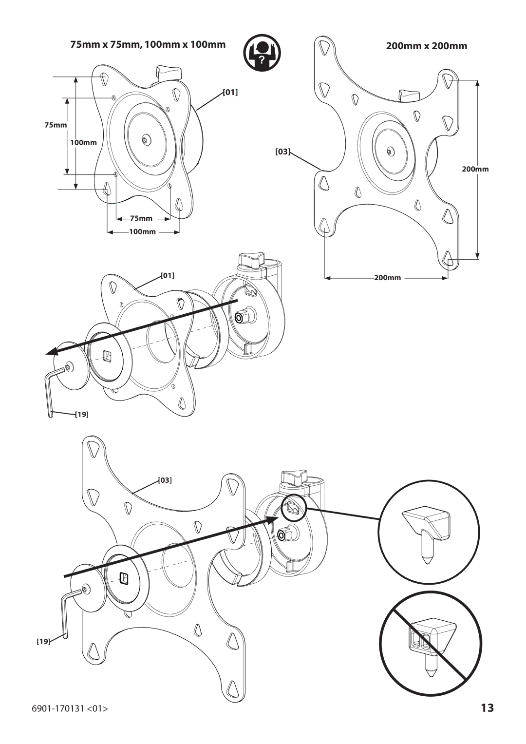 Sanus Systems 6901-170131 manual 75mm x 75mm, 100mm x 100mm 