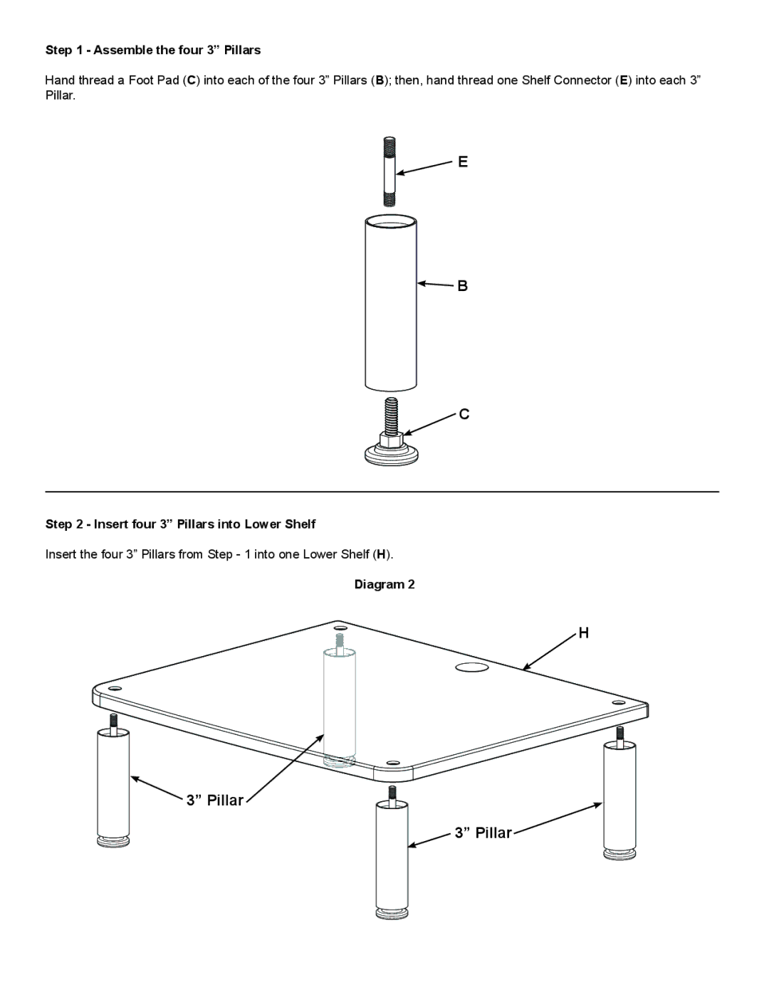 Sanus Systems AFDV manual Assemble the four 3 Pillars, Insert four 3 Pillars into Lower Shelf, Diagram 